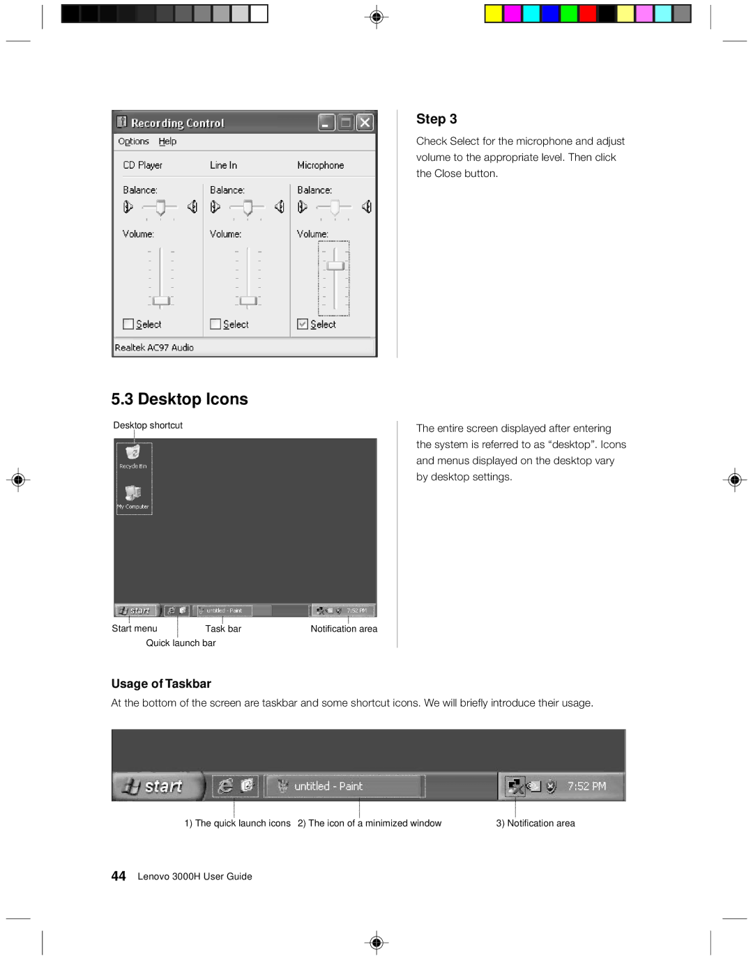 Lenovo 3000H manual Desktop Icons, Usage of Taskbar 
