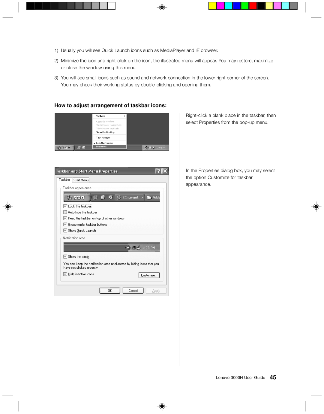 Lenovo 3000H manual How to adjust arrangement of taskbar icons 