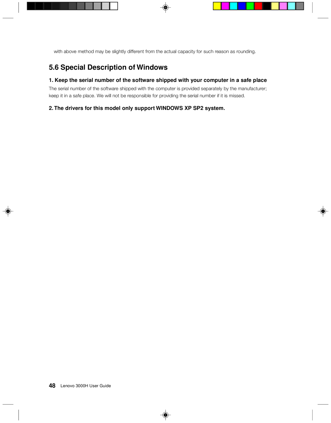 Lenovo 3000H manual Special Description of Windows, Drivers for this model only support Windows XP SP2 system 