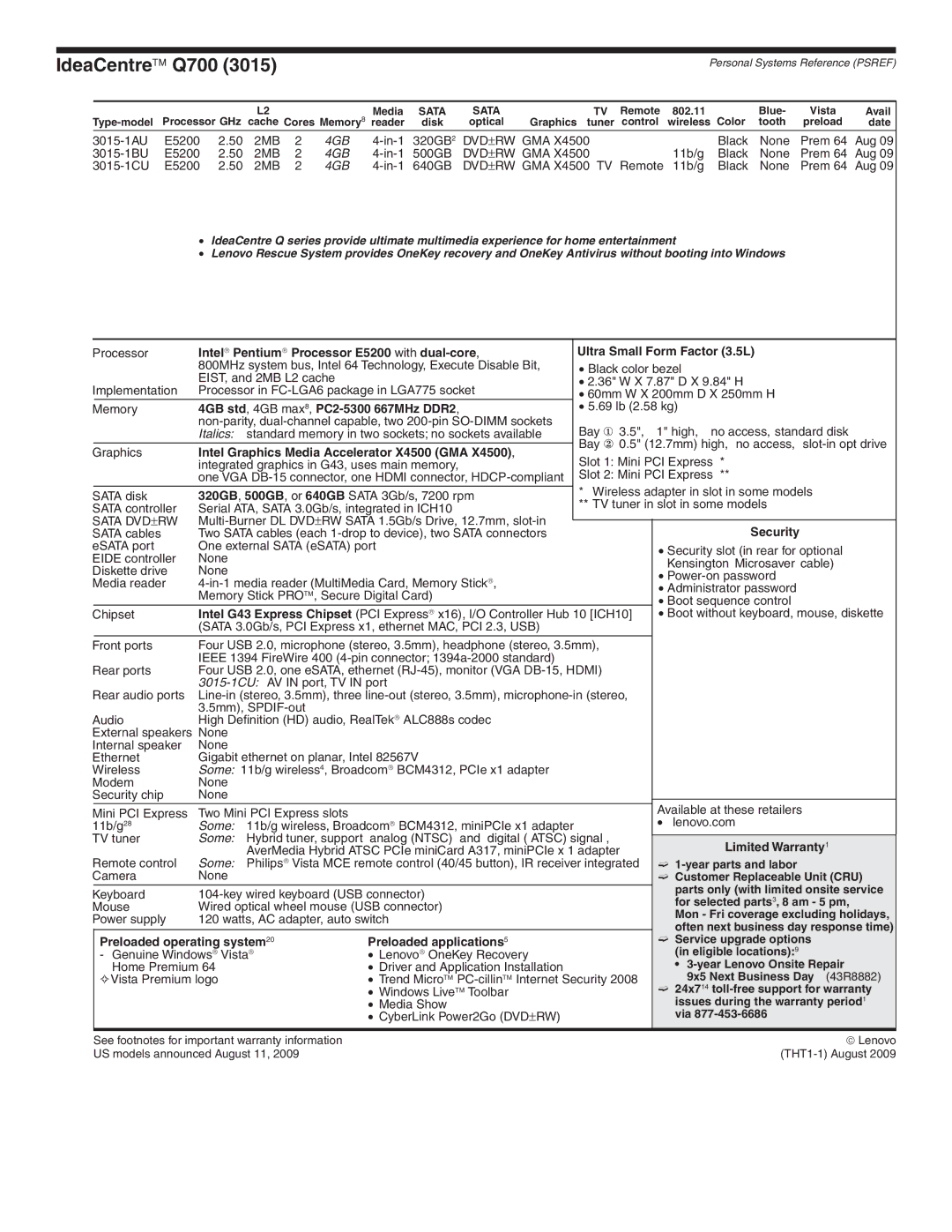 Lenovo 3015-1CU warranty 4GB std, 4GB max8, PC2-5300 667MHz DDR2, Intel Graphics Media Accelerator X4500 GMA, Security 