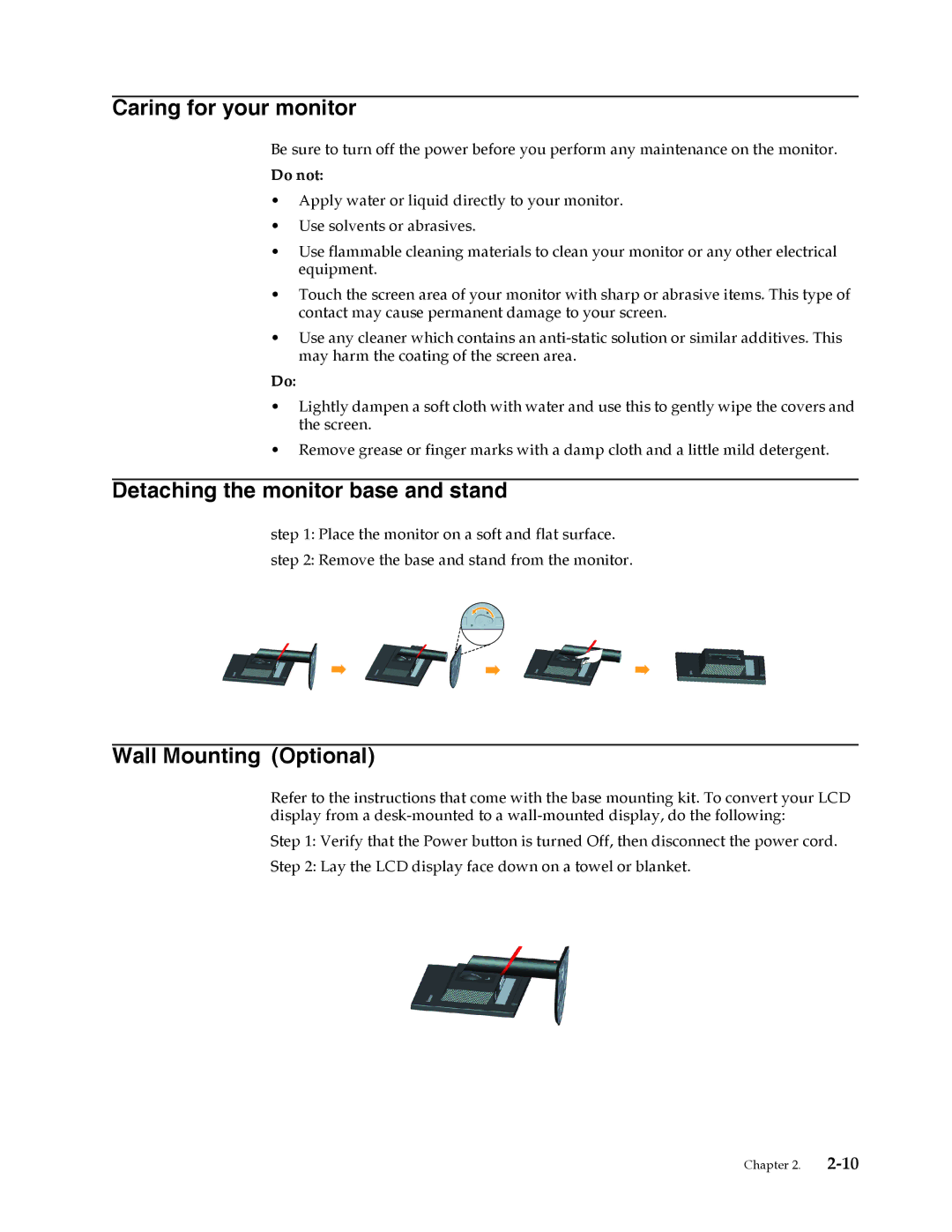 Lenovo 3024HC1 manual Caring for your monitor, Detaching the monitor base and stand, Wall Mounting Optional 