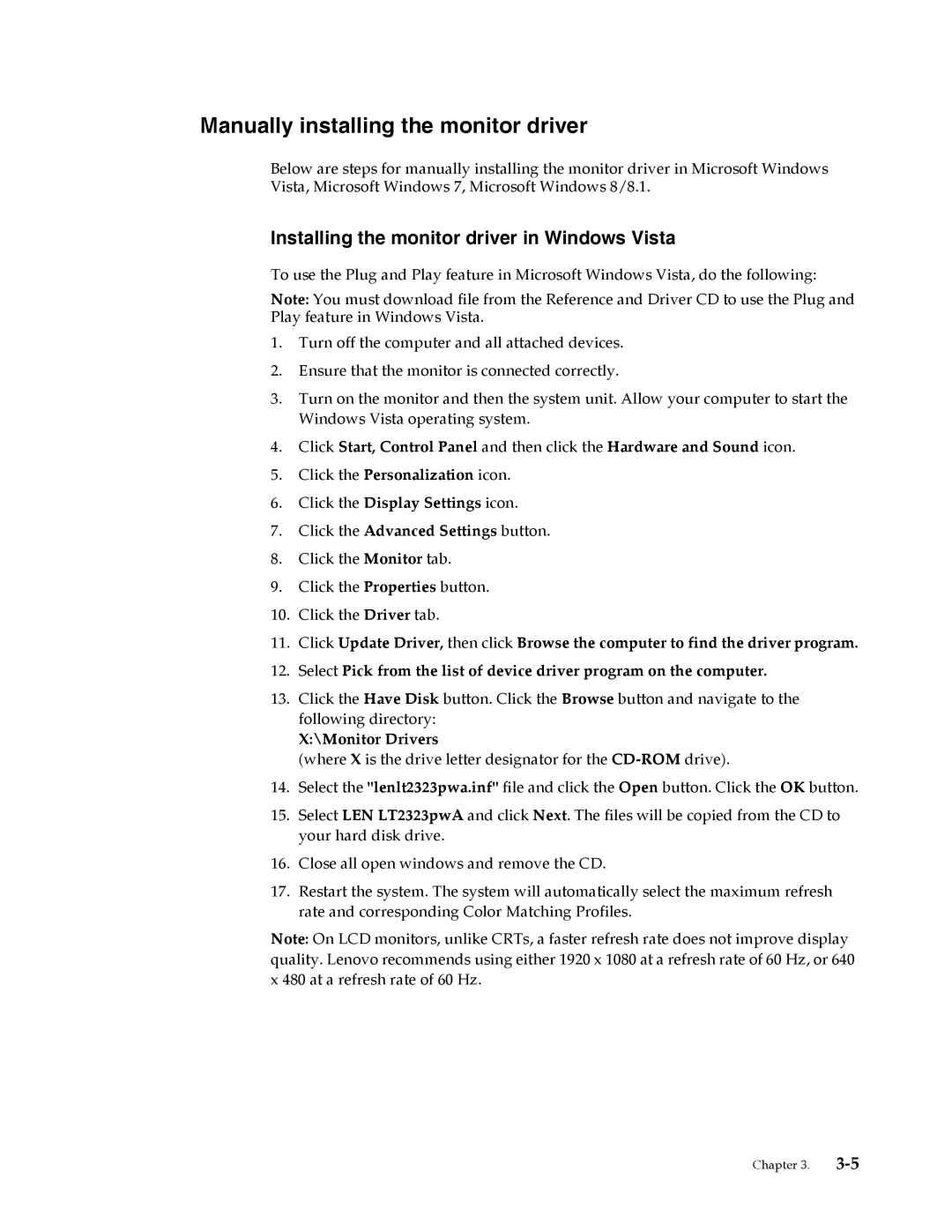 Lenovo 3024HC1 manual Manually installing the monitor driver, Installing the monitor driver in Windows Vista 