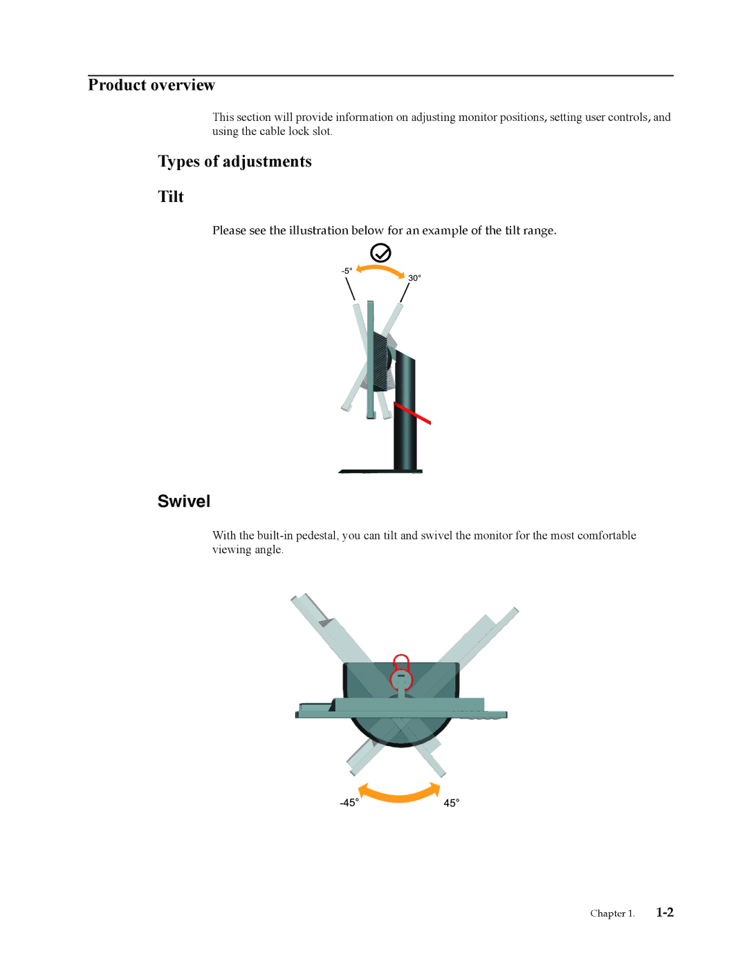 Lenovo 3024HC1 manual Product overview, Types of adjustments Tilt, Swivel 