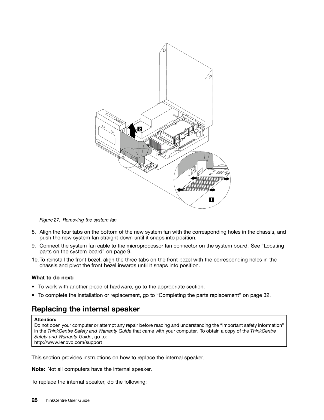 Lenovo 5472, 3026, 3269, 3039, 5548, 5536, 5391, 5485, 3627, 3491, 3319 Replacing the internal speaker, Removing the system fan 