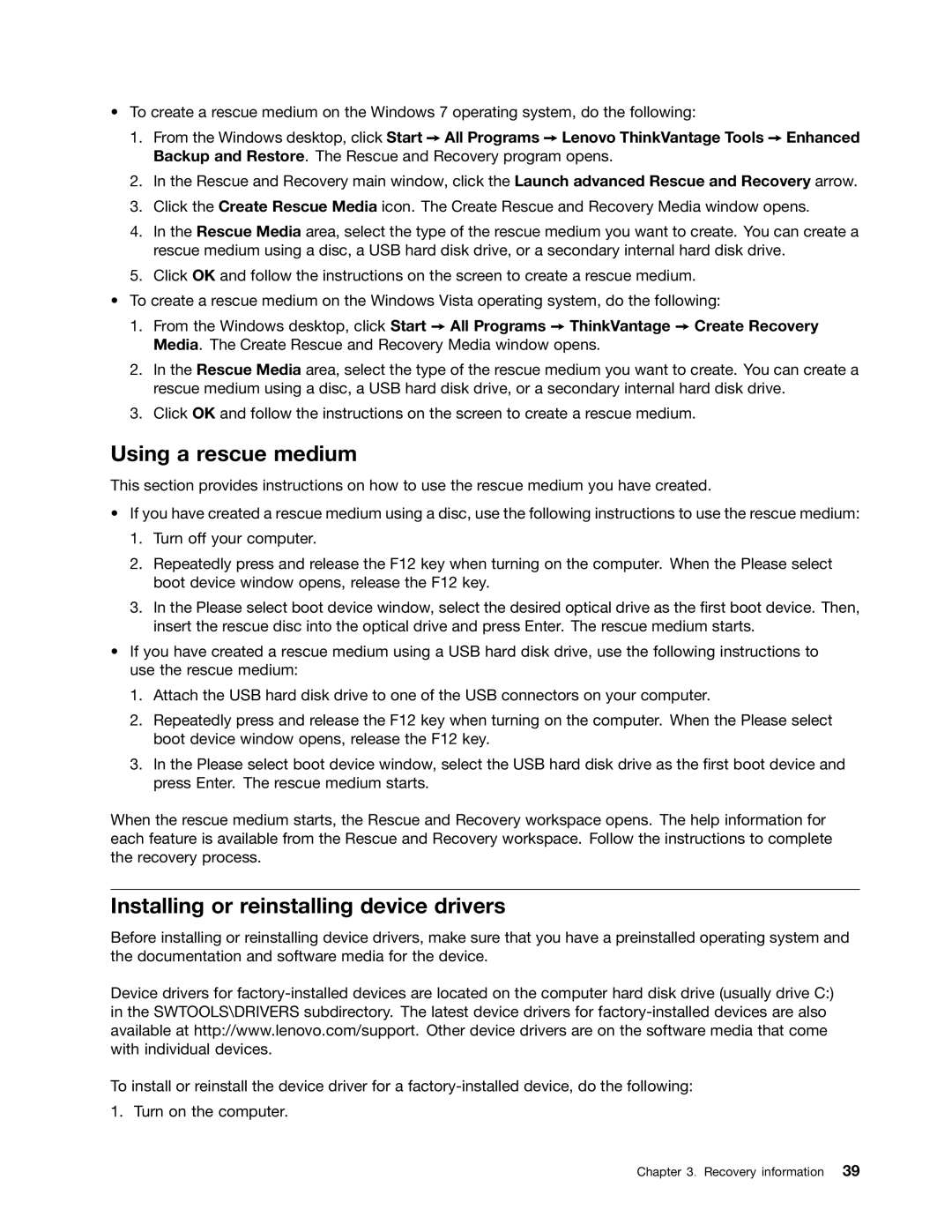 Lenovo 3039, 3026, 3269, 5548, 5536, 5391, 5472, 5485, 3627, 3491 Using a rescue medium, Installing or reinstalling device drivers 
