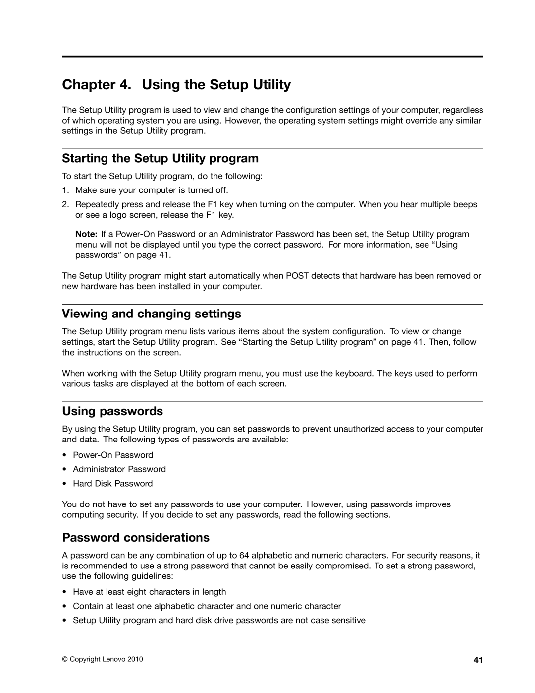 Lenovo 5536 Using the Setup Utility, Starting the Setup Utility program, Viewing and changing settings, Using passwords 