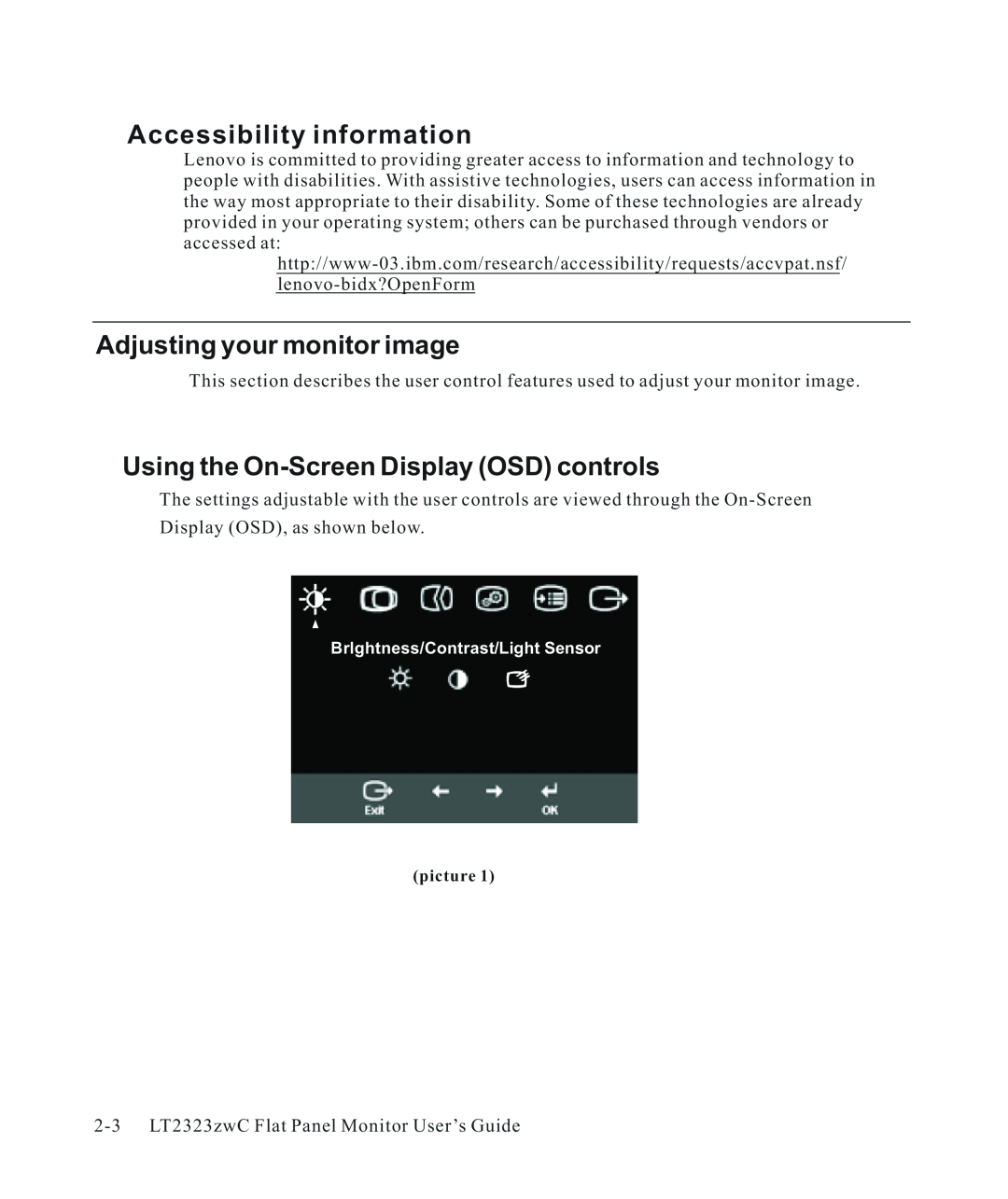 Lenovo 3028LB2 manual Accessibility information, Adjusting your monitor image, Using the On-Screen Display OSD controls 