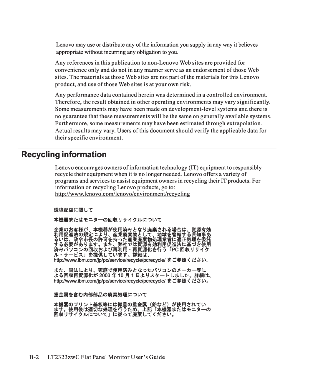 Lenovo 3028LB2 manual Recycling information 