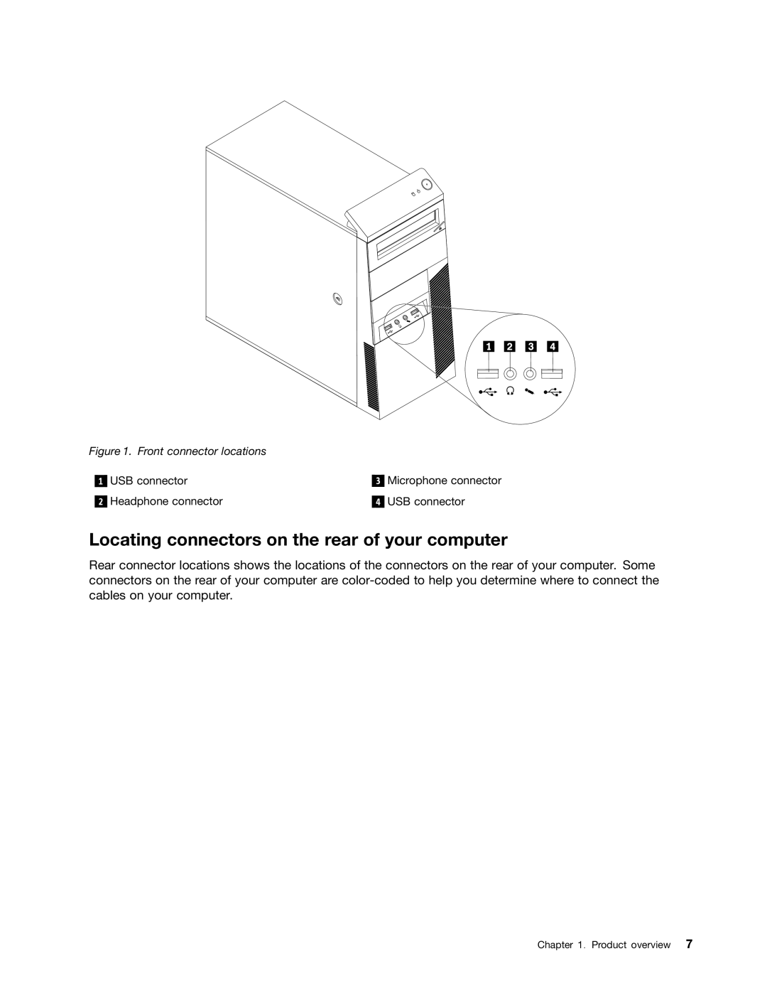 Lenovo 3029, 3054, 3282, 5498, 5474, 5384, 5554 Locating connectors on the rear of your computer, Front connector locations 