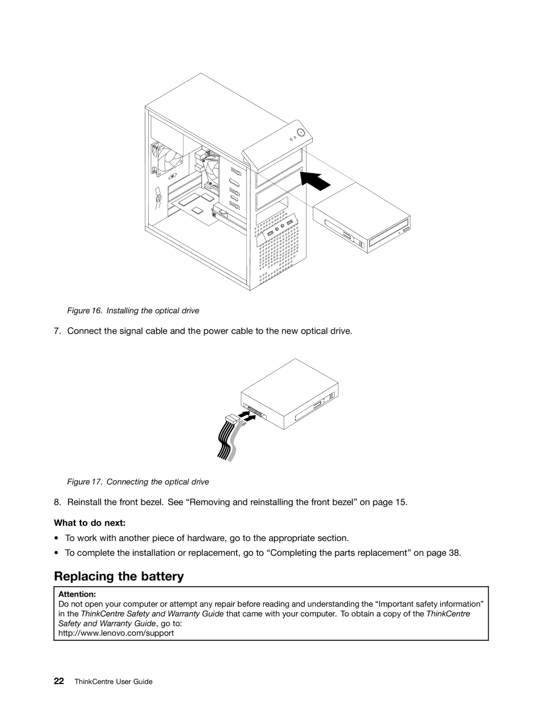 Lenovo 3029, 3054, 3282, 5498, 5474, 5384, 5554, 5450, 3652, 3544, 3421, 3349 Replacing the battery, Installing the optical drive 