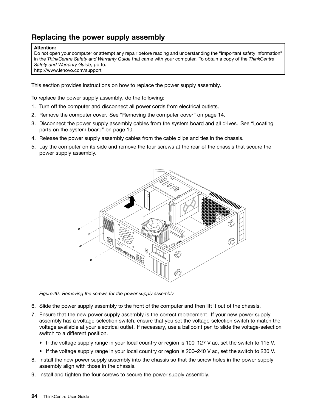 Lenovo 3282, 3029, 3054, 5498, 5474 Replacing the power supply assembly, Removing the screws for the power supply assembly 