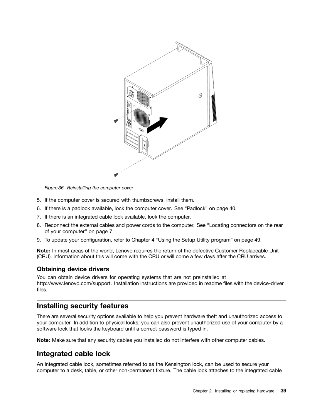 Lenovo 3282, 3029, 3054, 5498, 5474, 5384, 5554, 5450, 3652, 3544, 3421, 3349 Installing security features, Integrated cable lock 