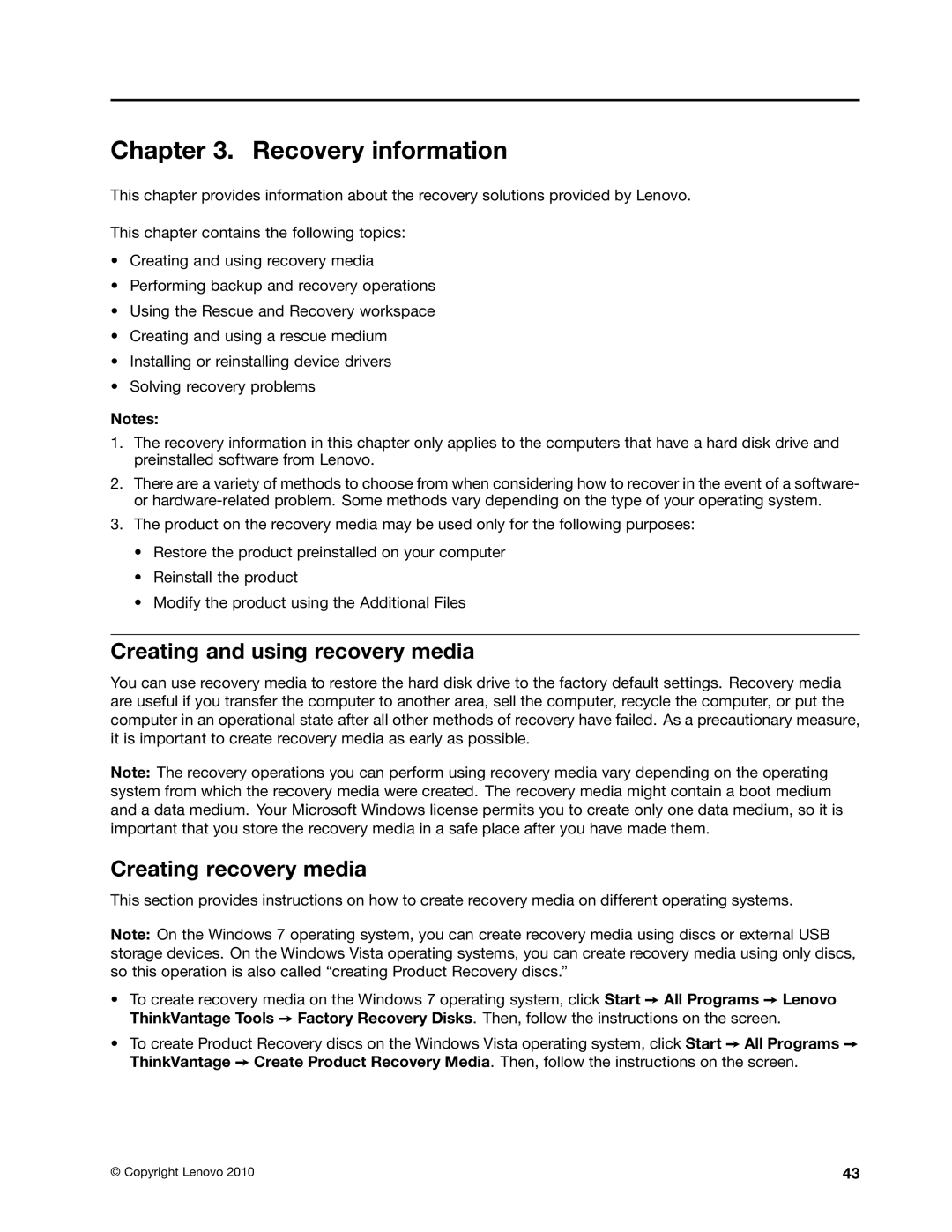 Lenovo 5554, 3029, 3054, 3282, 5498, 5474 Recovery information, Creating and using recovery media, Creating recovery media 