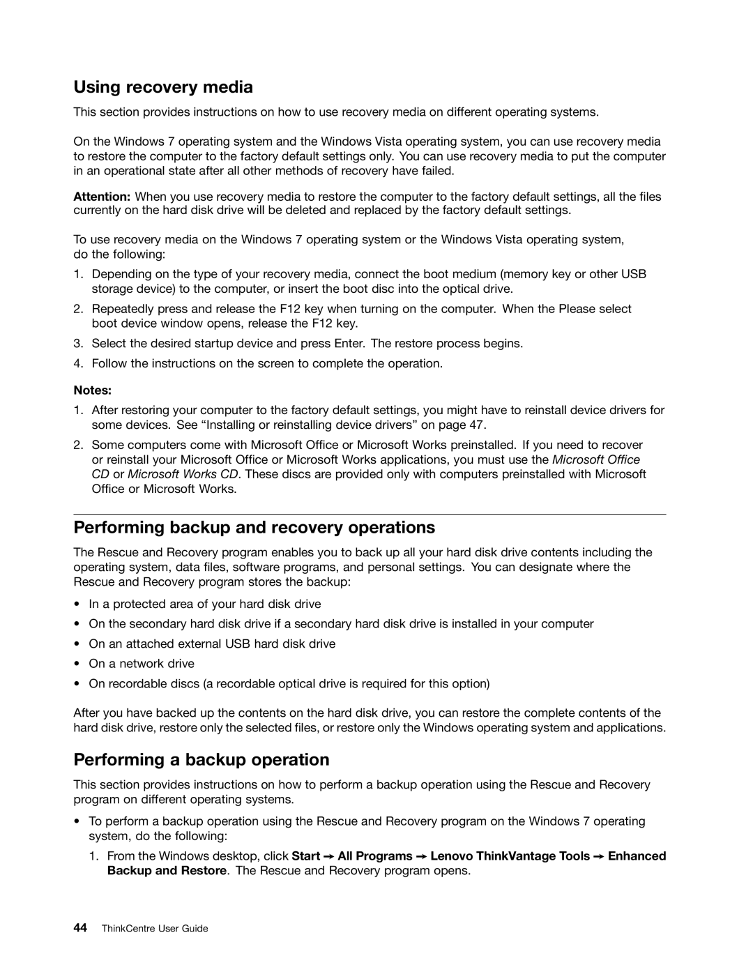Lenovo 5450, 3029, 3054, 3282 Using recovery media, Performing backup and recovery operations, Performing a backup operation 