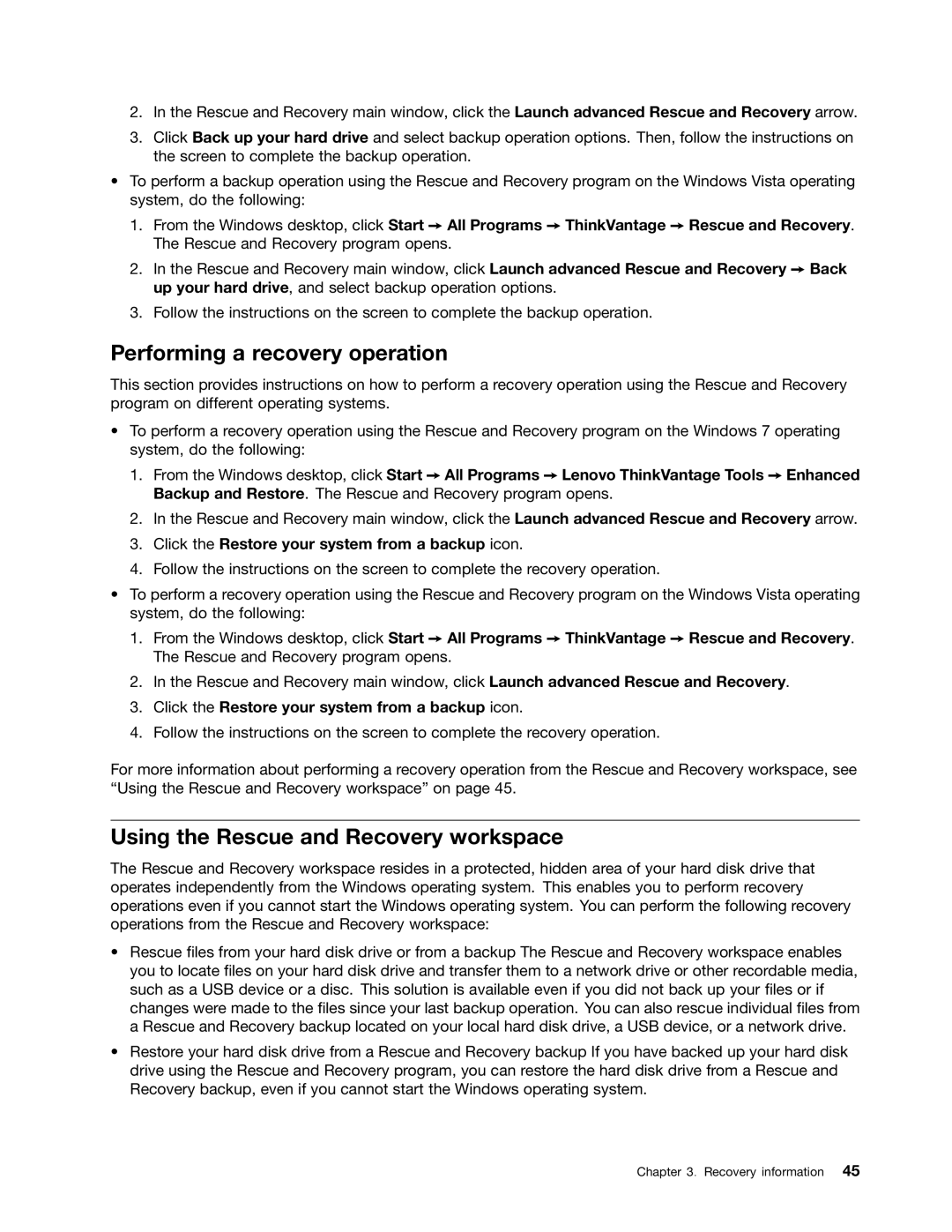 Lenovo 3652, 3029, 3054, 3282, 5498, 5474, 5384, 5554 Performing a recovery operation, Using the Rescue and Recovery workspace 