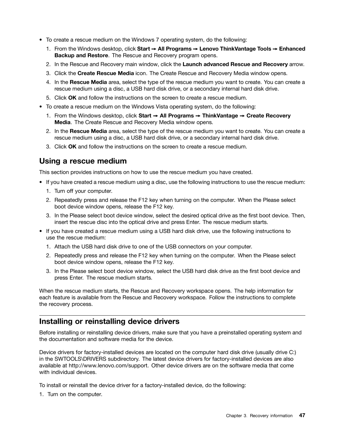 Lenovo 3421, 3029, 3054, 3282, 5498, 5474, 5384, 5554, 5450, 3652 Using a rescue medium, Installing or reinstalling device drivers 