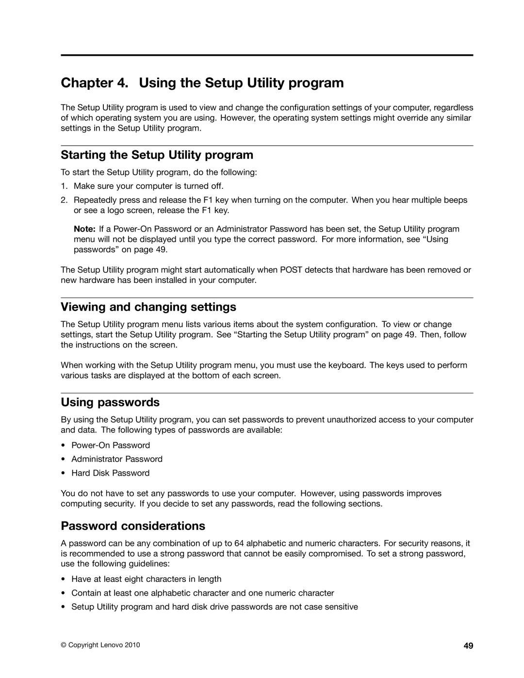 Lenovo 3139, 3029, 3054 Using the Setup Utility program, Starting the Setup Utility program, Viewing and changing settings 