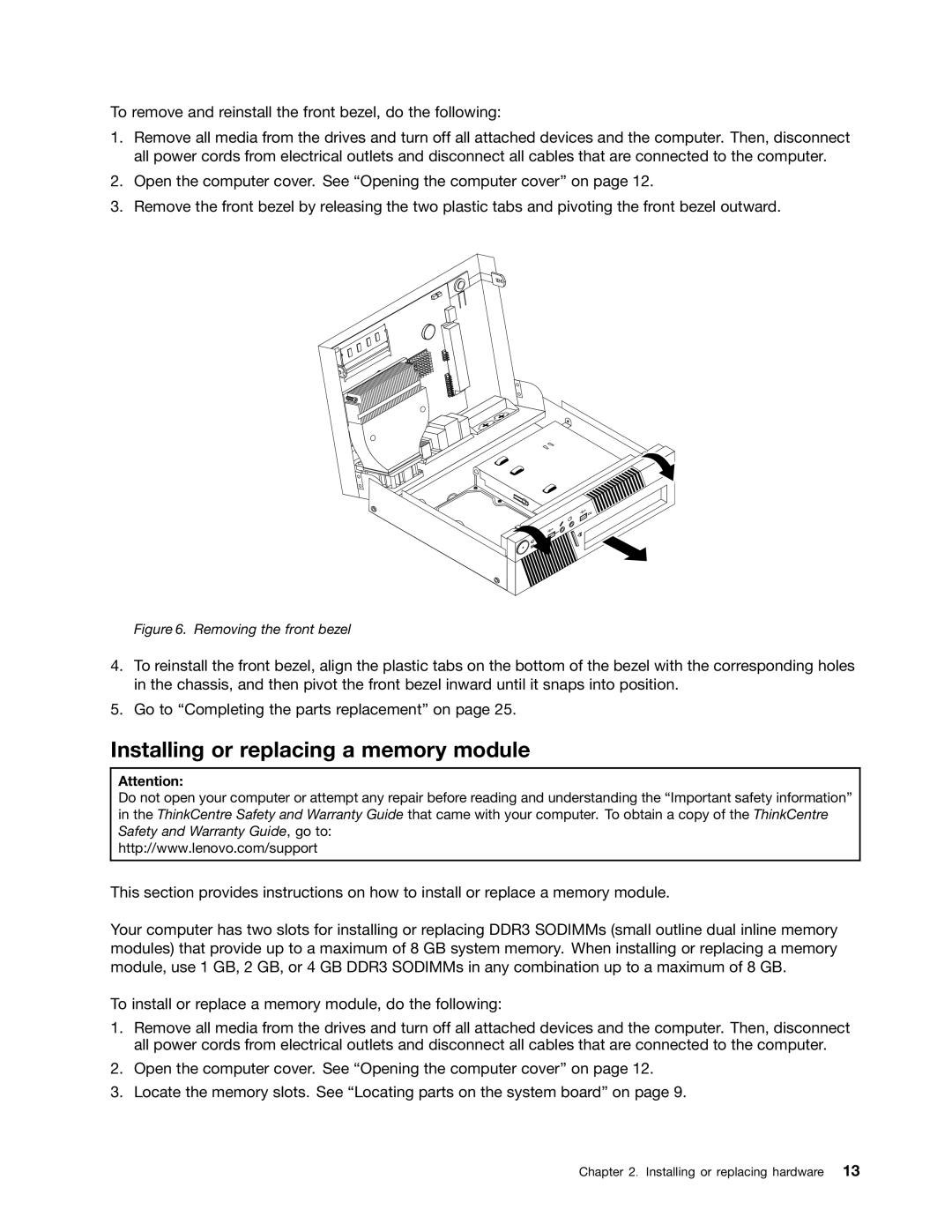 Lenovo 3692, 3034, 6667, 5092, 5226, 4394, 3853, 3557, 3467 Installing or replacing a memory module, Removing the front bezel 