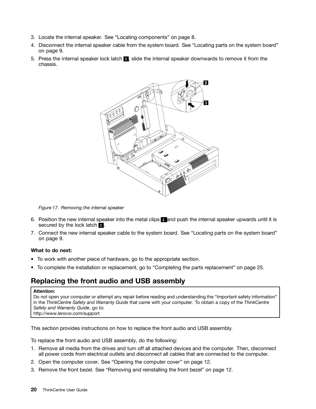 Lenovo 3131, 3034, 6667, 5092, 5226, 4394, 3853, 3692 Replacing the front audio and USB assembly, Removing the internal speaker 