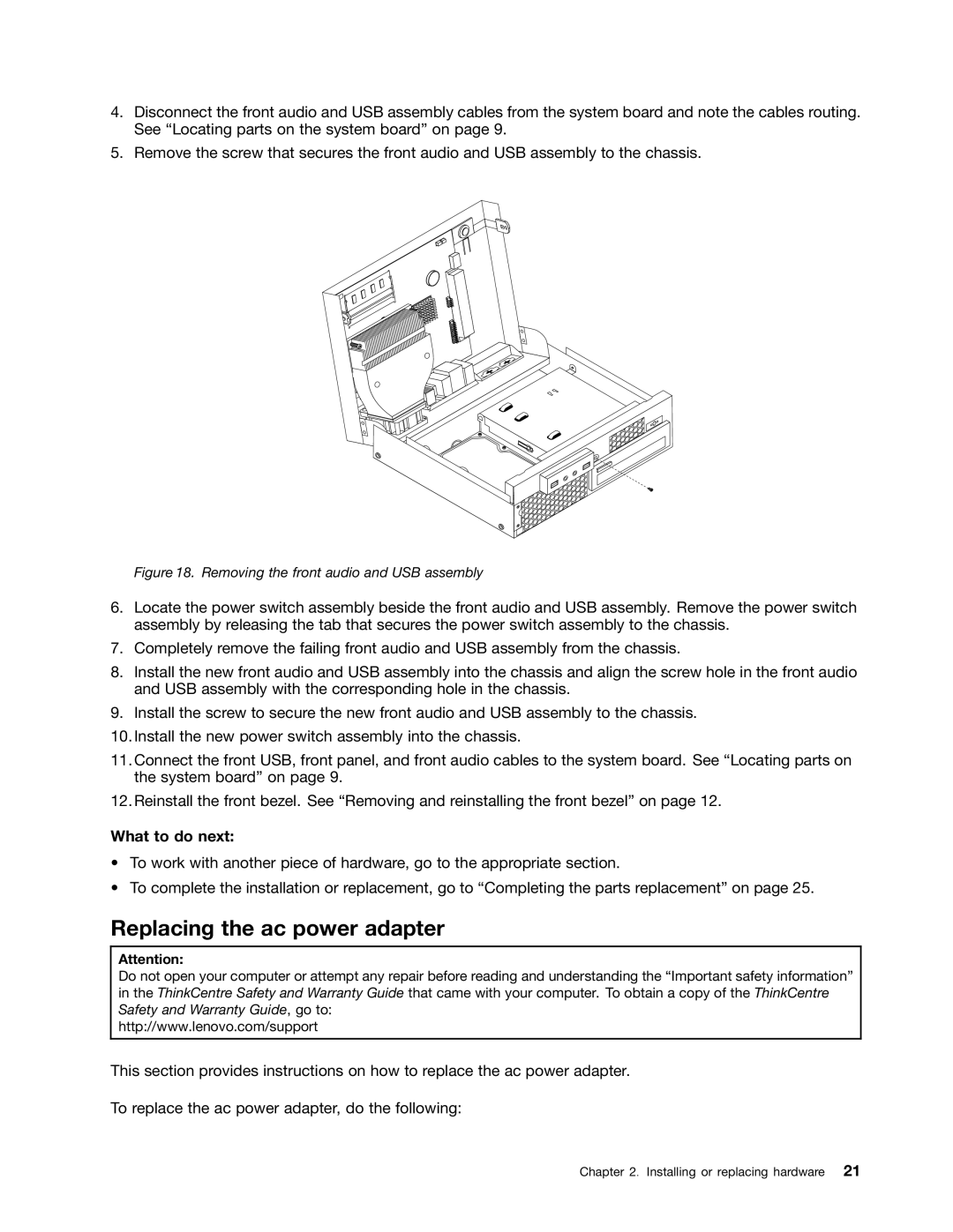 Lenovo 3244, 3034, 6667, 5092, 5226, 4394, 3853, 3692 Replacing the ac power adapter, Removing the front audio and USB assembly 