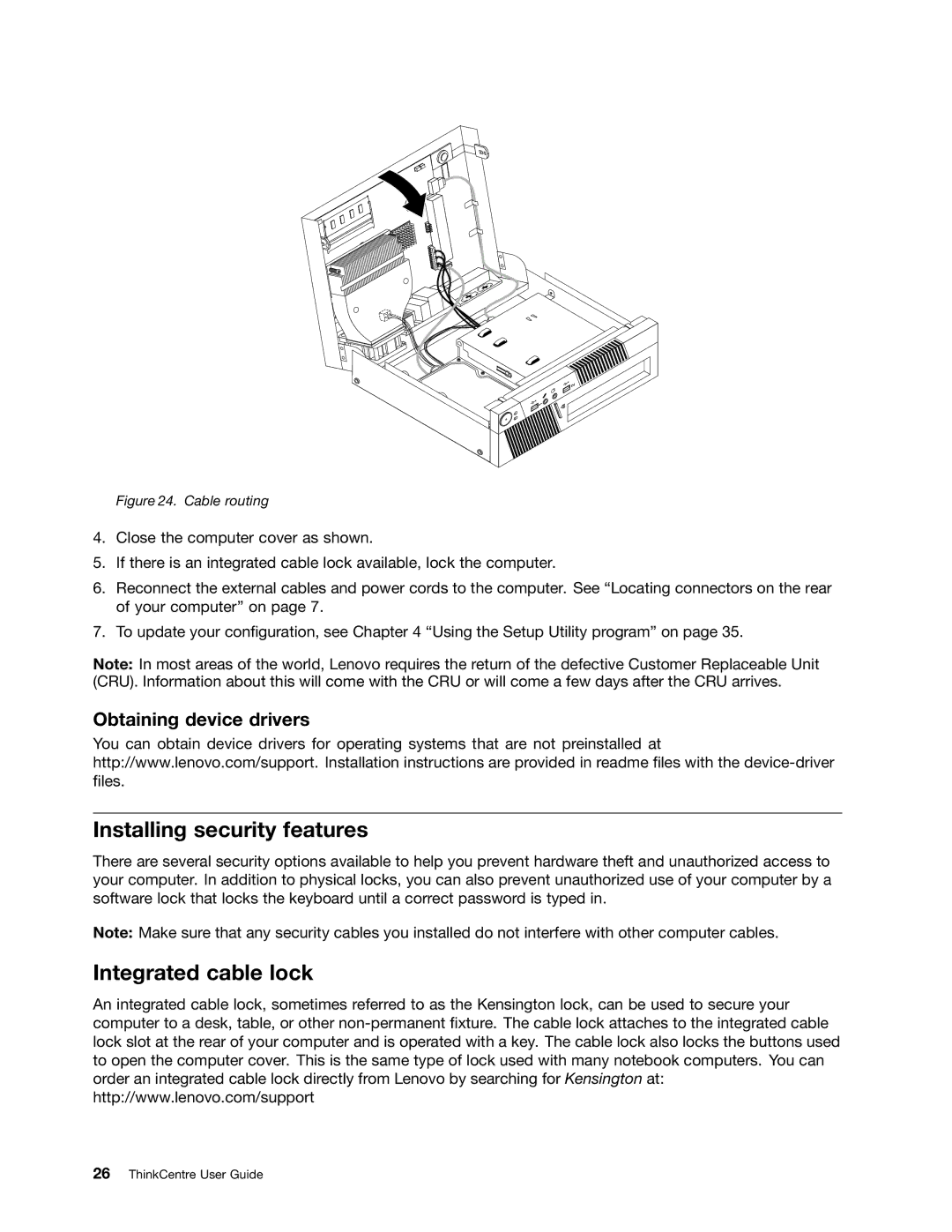 Lenovo 4394, 3034, 6667, 5092, 5226, 3853, 3692, 3557, 3467, 3356, 3307, 3142 Installing security features, Integrated cable lock 