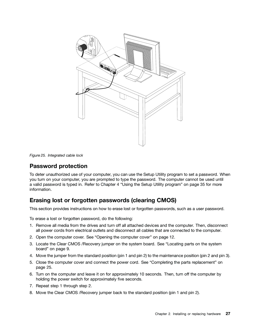 Lenovo 3853, 3034, 6667, 5092, 5226, 4394, 3692, 3557 Password protection, Erasing lost or forgotten passwords clearing Cmos 