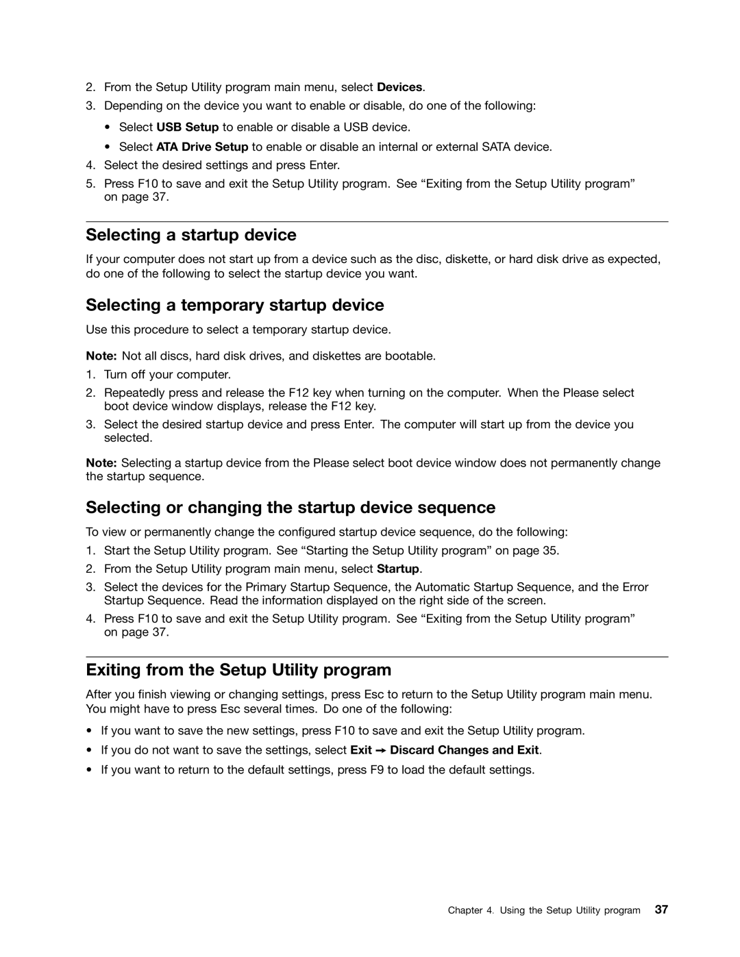 Lenovo 3034, 6667 Selecting a startup device, Selecting a temporary startup device, Exiting from the Setup Utility program 
