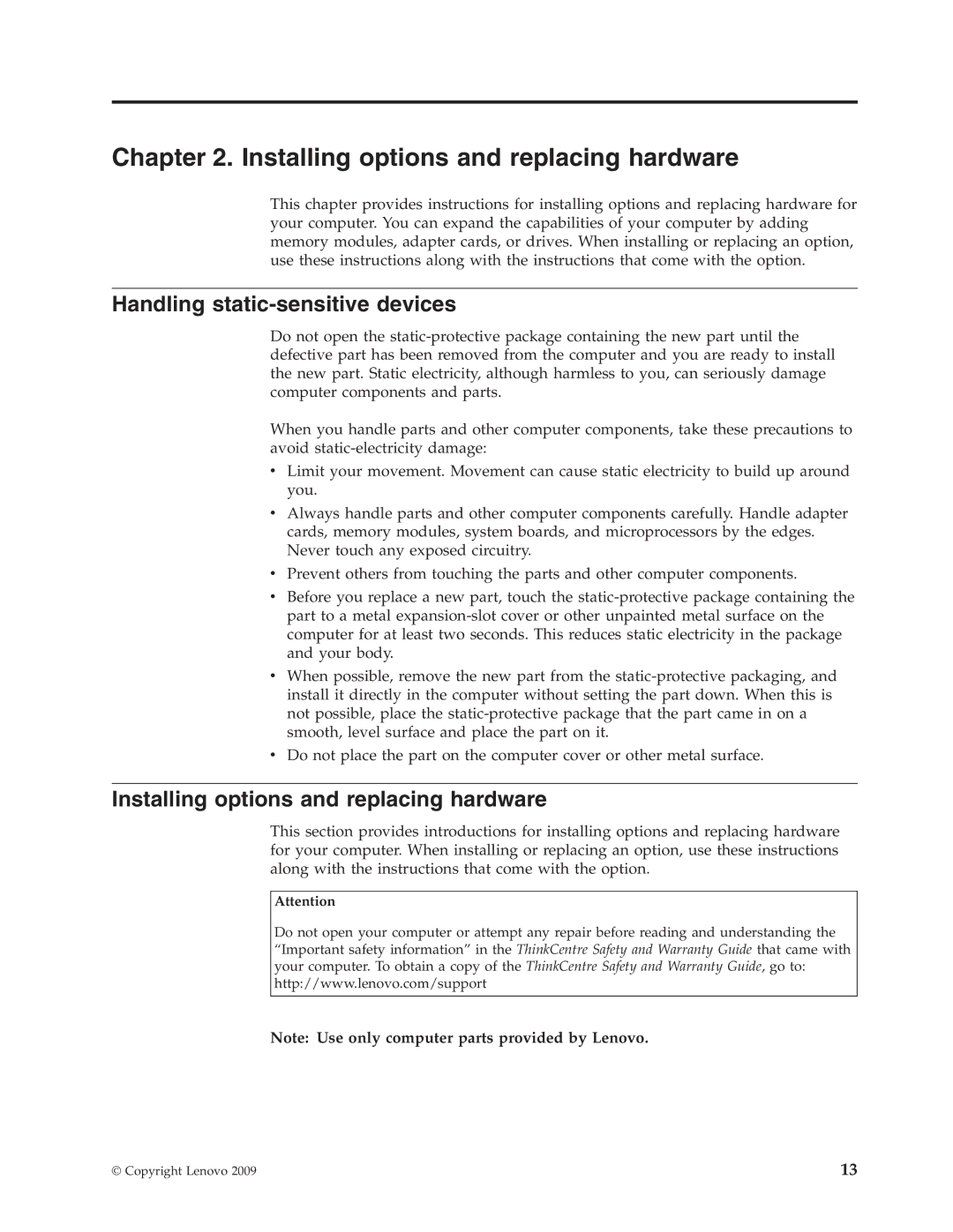 Lenovo 9960, 3063, 3285, 6138, 7347, 7639, 8854 Installing options and replacing hardware, Handling static-sensitive devices 