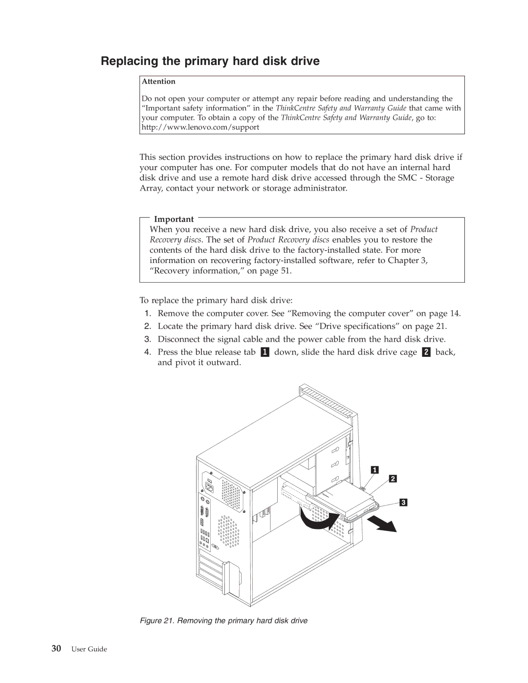 Lenovo 7188, 3063, 3285, 6138, 7347, 7639, 8854 Replacing the primary hard disk drive, Removing the primary hard disk drive 