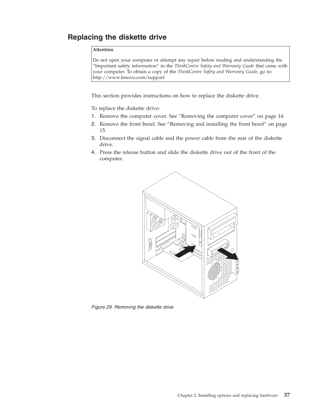 Lenovo 9965, 3063, 3285, 6138, 7347, 7639, 8854, 9728, 8494, 75717628 Replacing the diskette drive, Removing the diskette drive 