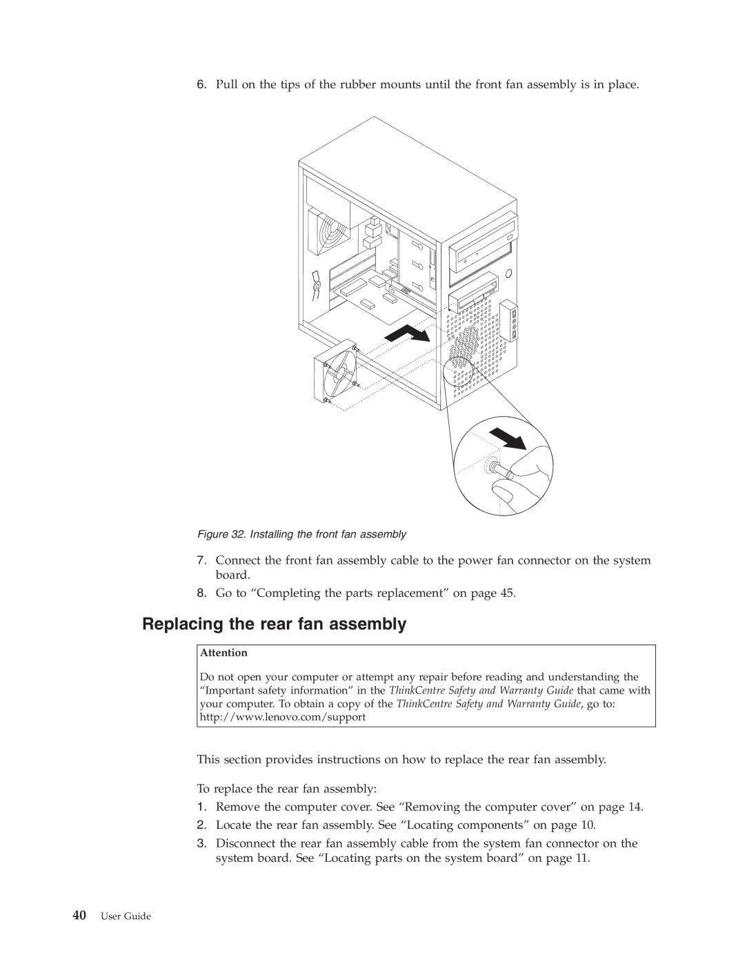 Lenovo 6138, 3063, 3285, 7347, 7639, 8854, 9728, 8494, 7635 Replacing the rear fan assembly, Installing the front fan assembly 