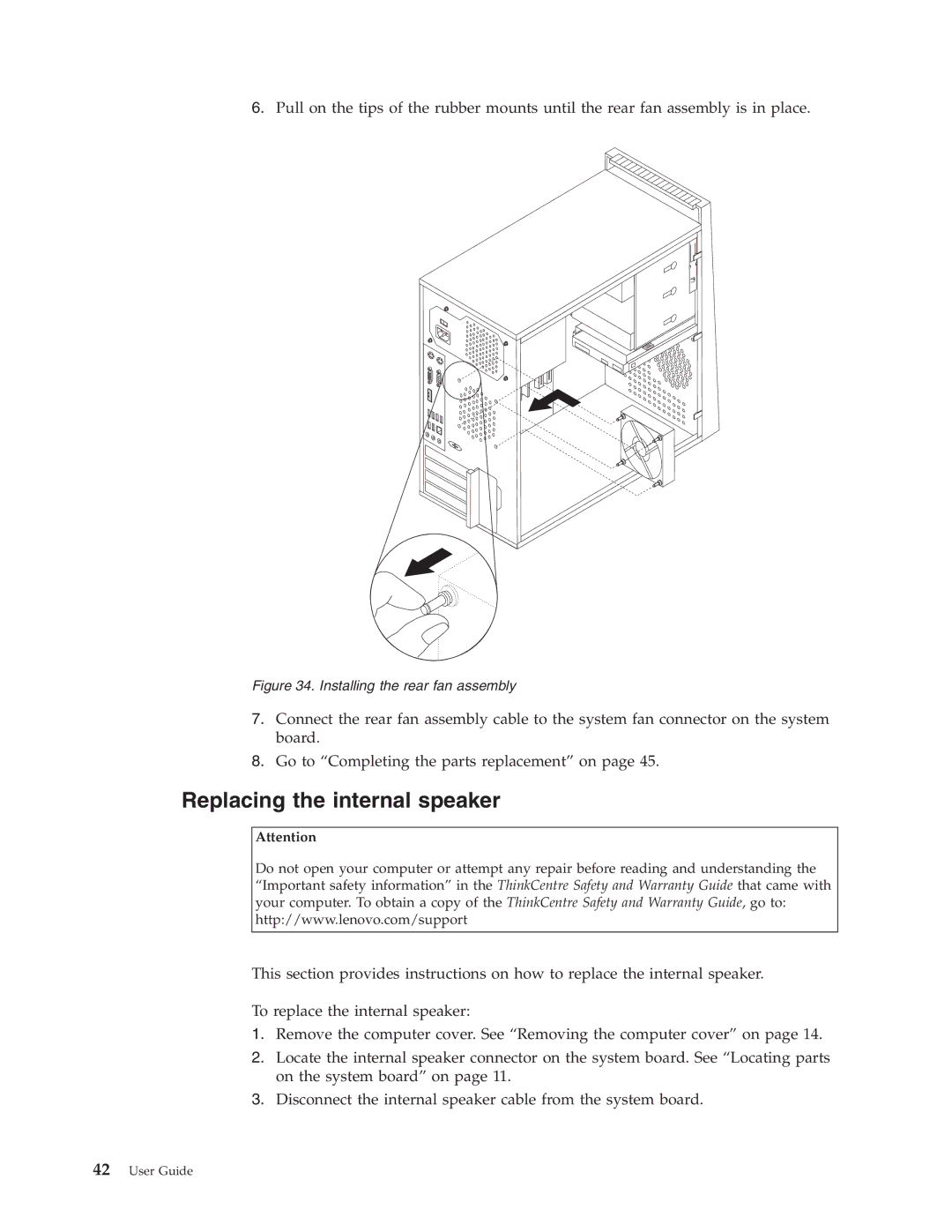 Lenovo 7639, 3063, 3285, 6138, 7347, 8854, 9728, 8494, 75717628 Replacing the internal speaker, Installing the rear fan assembly 