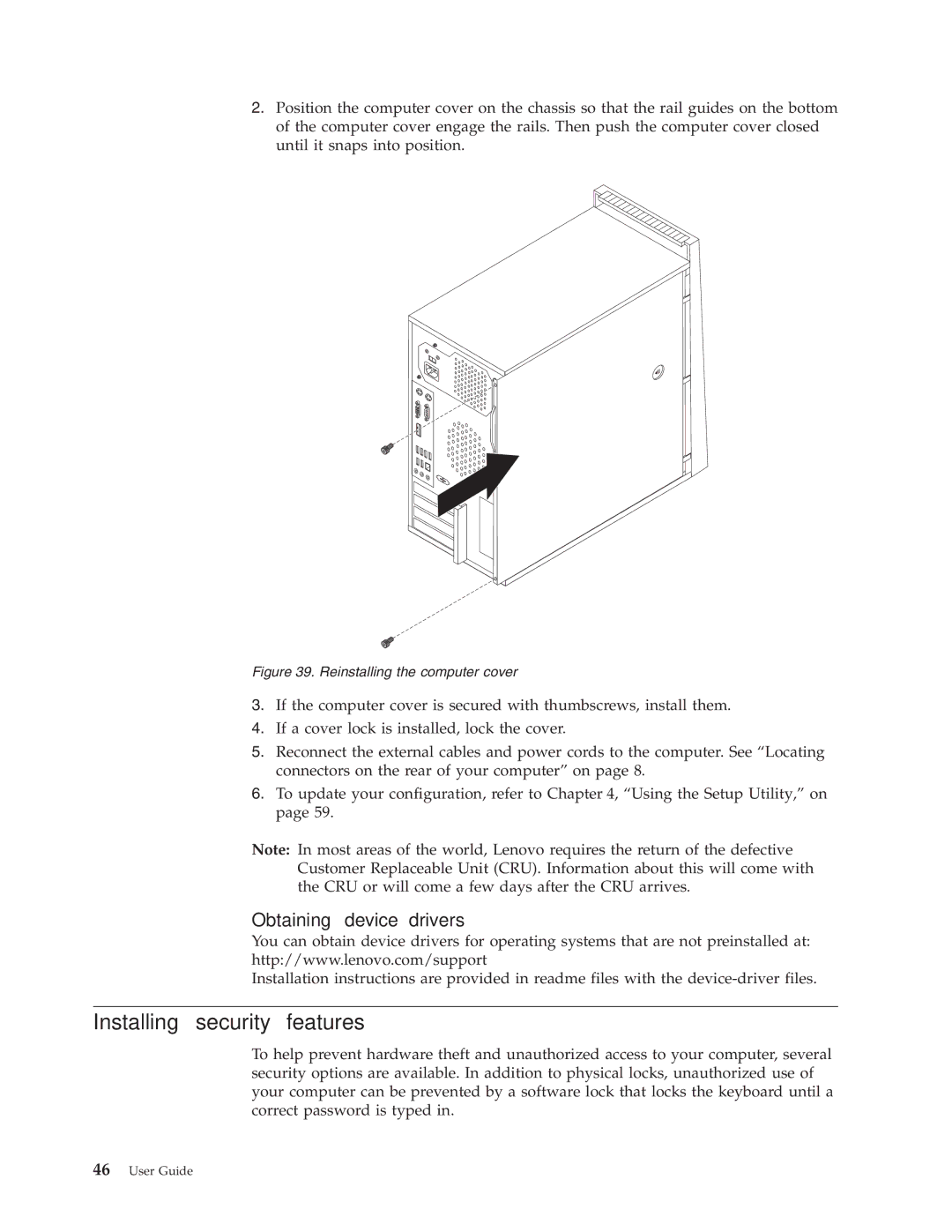 Lenovo 75717628, 3063, 3285, 6138, 7347, 7639, 8854, 9728, 8494 Installing security features, Reinstalling the computer cover 