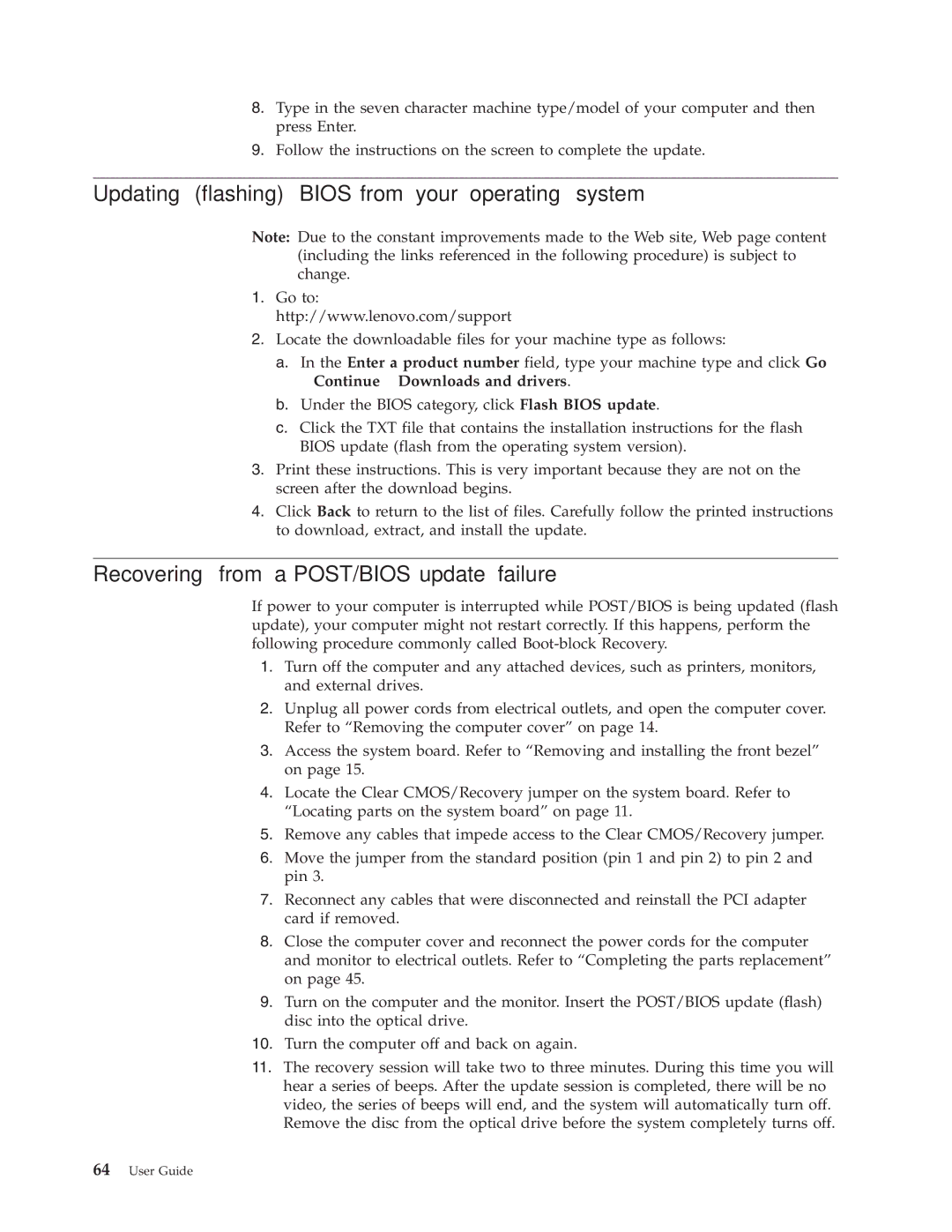 Lenovo 7347, 3063, 3285, 6138 Updating flashing Bios from your operating system, Recovering from a POST/BIOS update failure 
