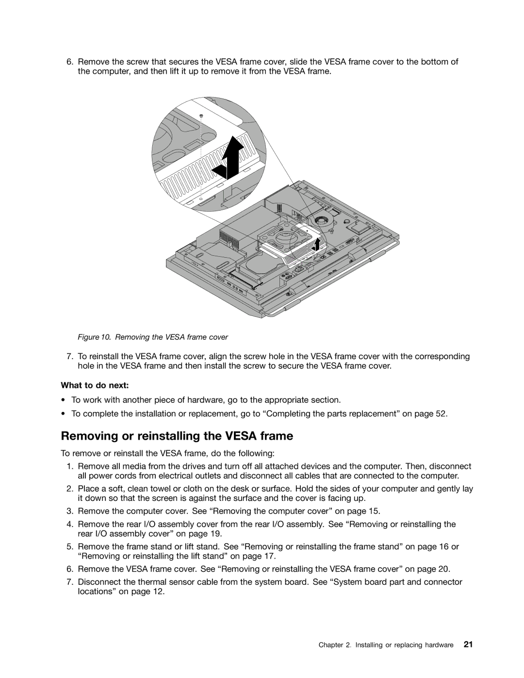 Lenovo 3265, 3091, 4285, 870, 852, 800, 5205, 5248, 3678 Removing or reinstalling the Vesa frame, Removing the Vesa frame cover 