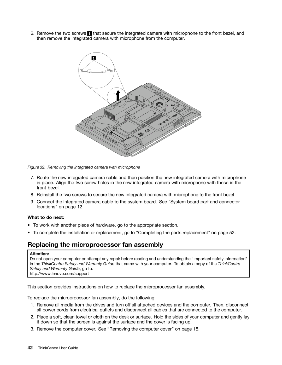 Lenovo 3678, 3091, 3265, 4285, 870 Replacing the microprocessor fan assembly, Removing the integrated camera with microphone 