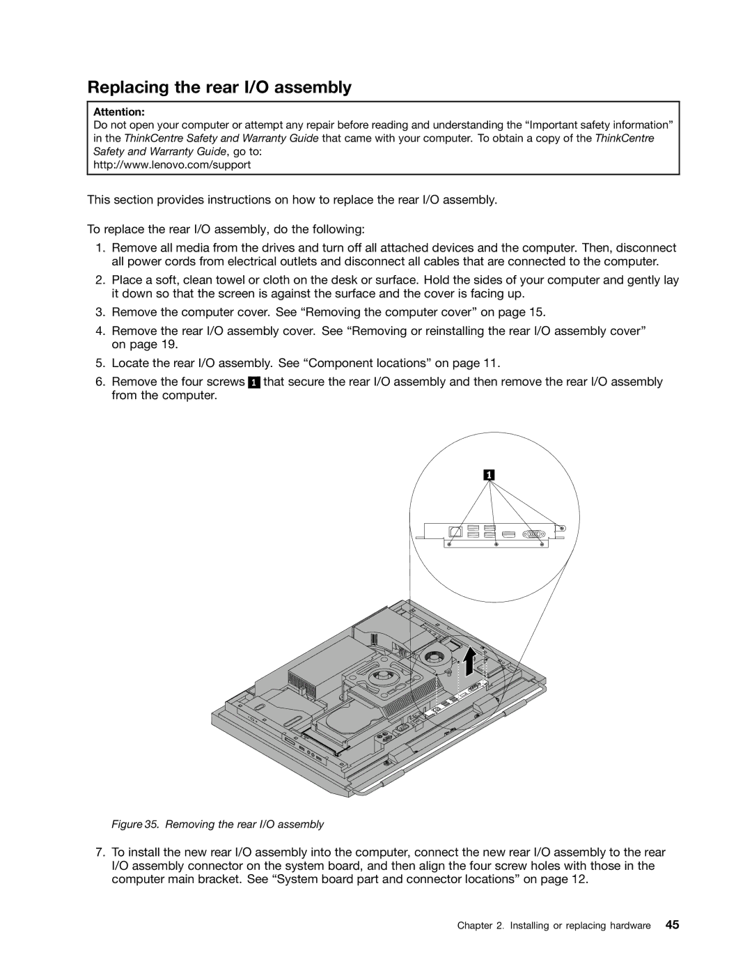 Lenovo 3373, 3091, 3265, 4285, 870, 852, 800, 5205, 5248, 3678 Replacing the rear I/O assembly, Removing the rear I/O assembly 