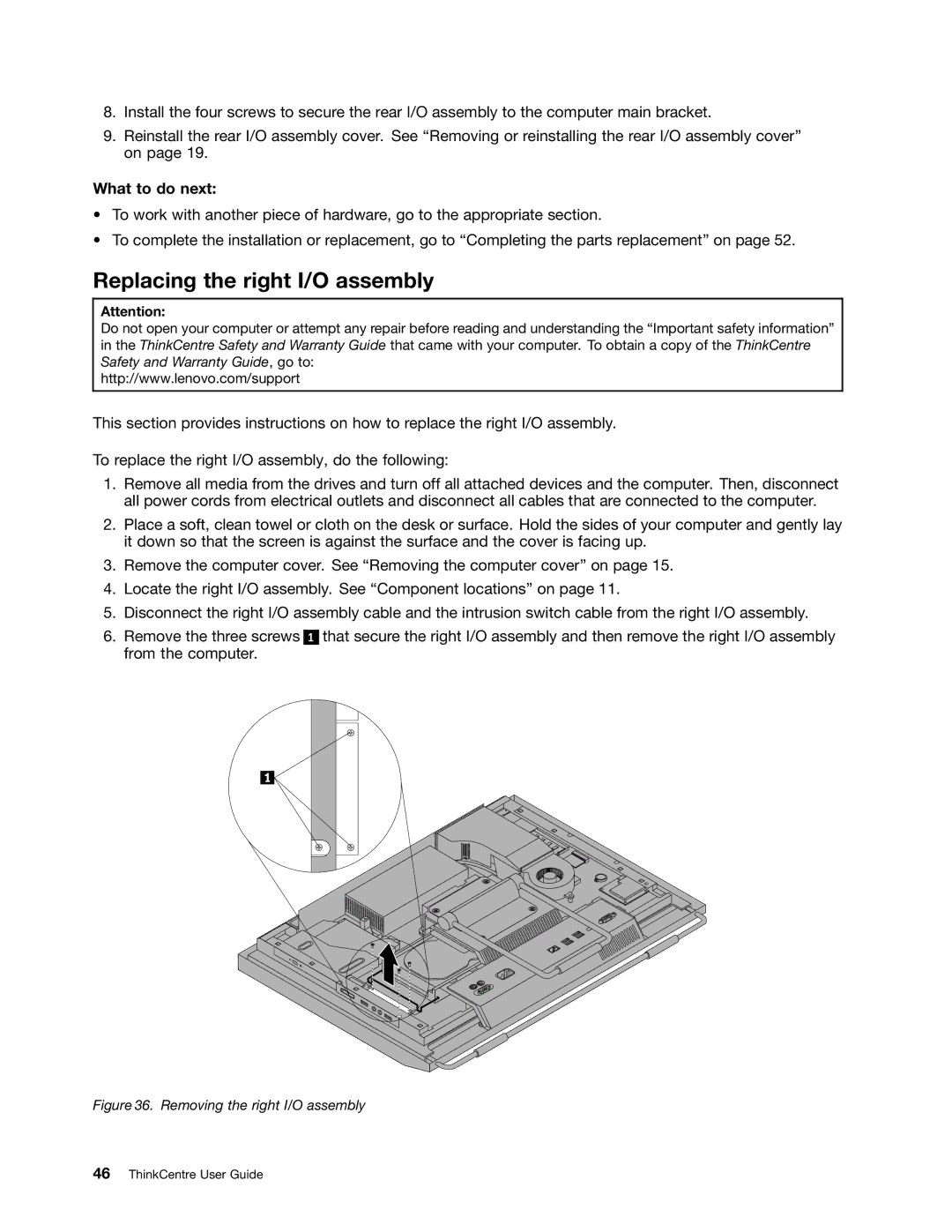 Lenovo 2557, 3091, 3265, 4285, 870, 852, 800, 5205, 5248, 3678 Replacing the right I/O assembly, Removing the right I/O assembly 