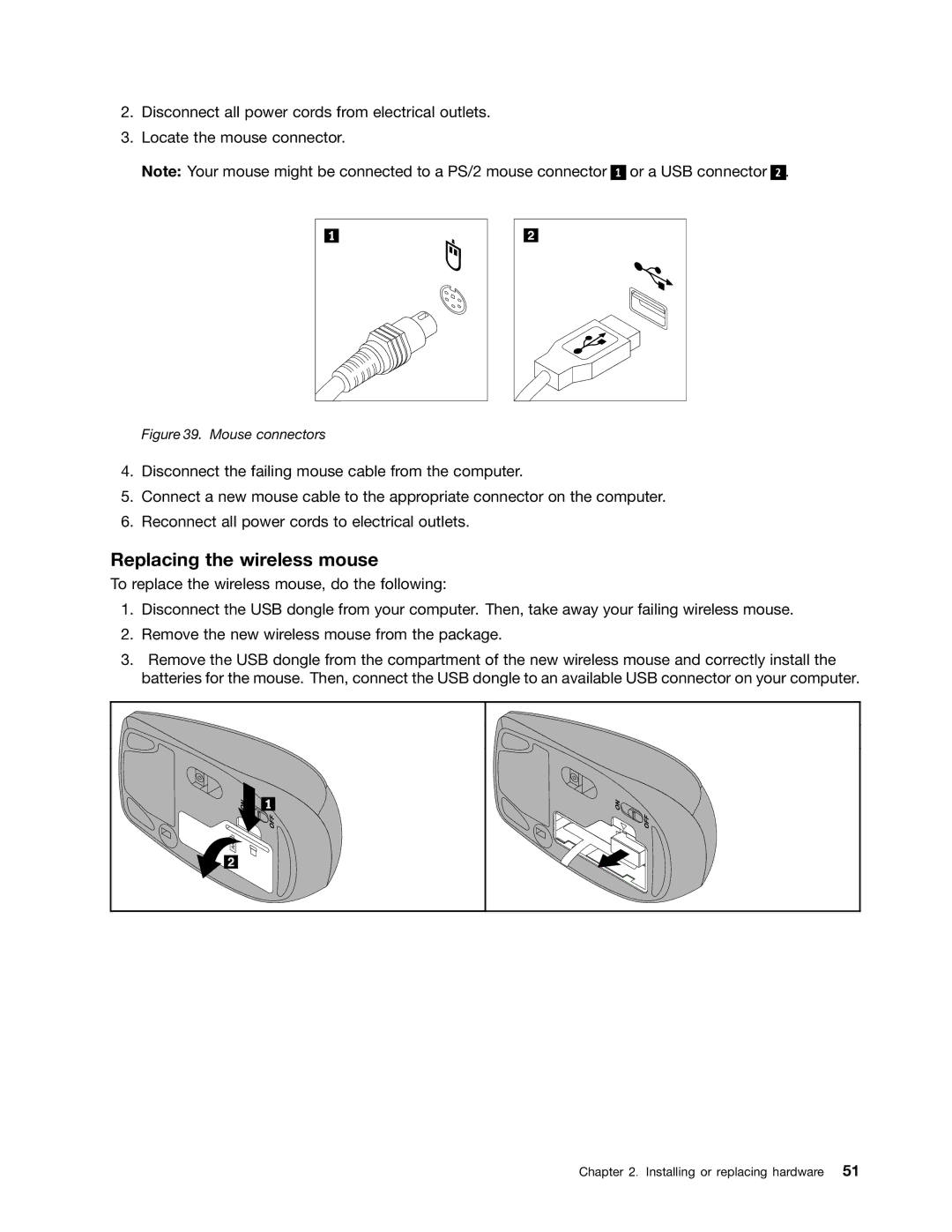 Lenovo 870, 3091, 3265, 4285, 852, 800, 5205, 5248, 3678, 3650, 3429, 3373, 2557, 2471 manual Replacing the wireless mouse 