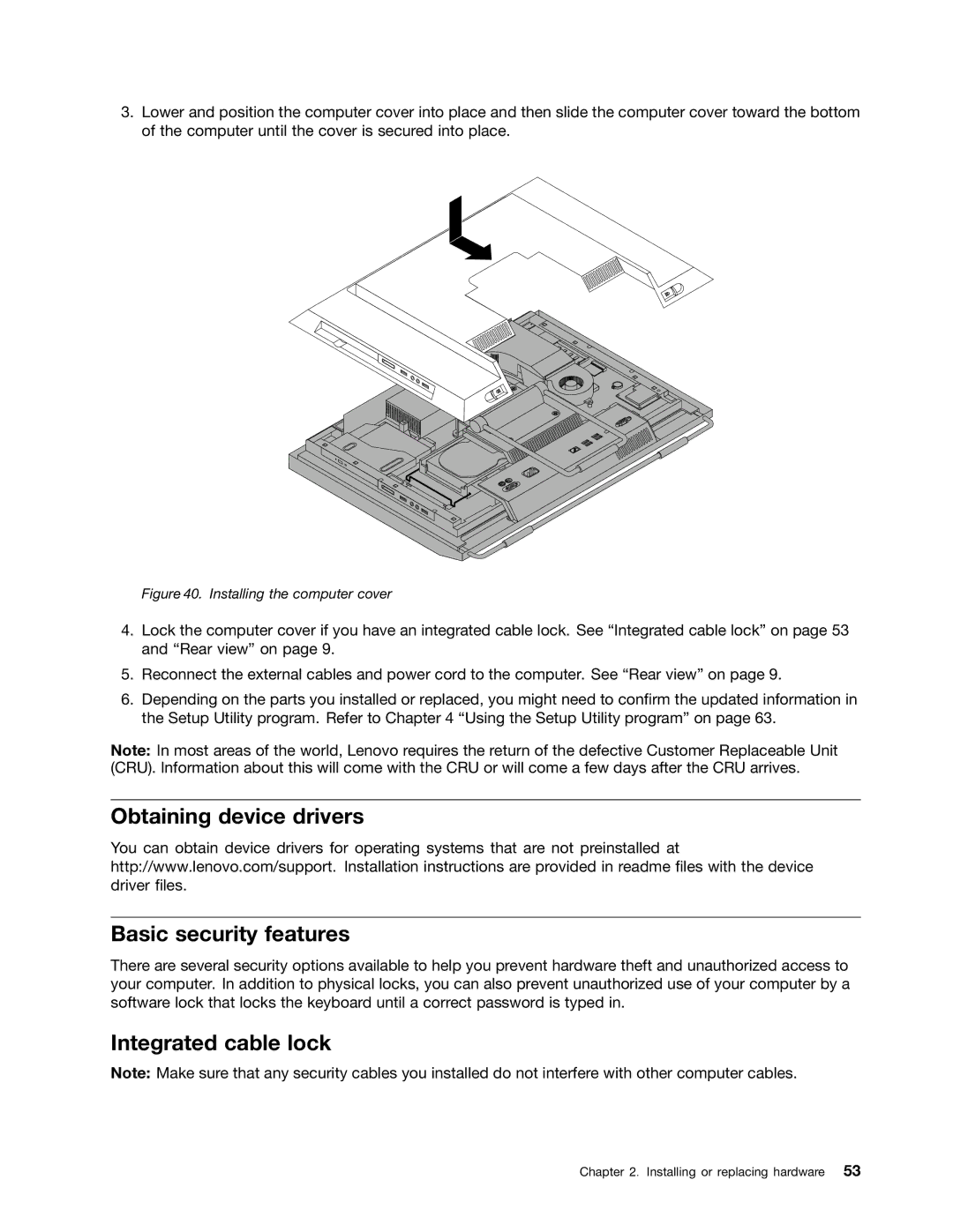 Lenovo 800, 3091, 3265, 4285, 870, 852, 5205, 5248, 3678 Obtaining device drivers Basic security features, Integrated cable lock 