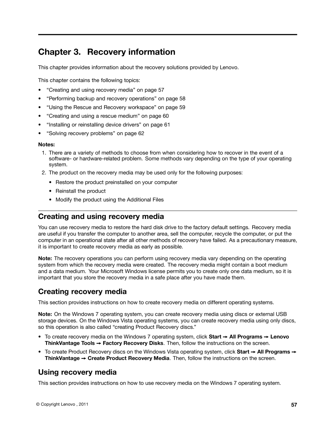 Lenovo 3650, 3091 Recovery information, Creating and using recovery media, Creating recovery media, Using recovery media 