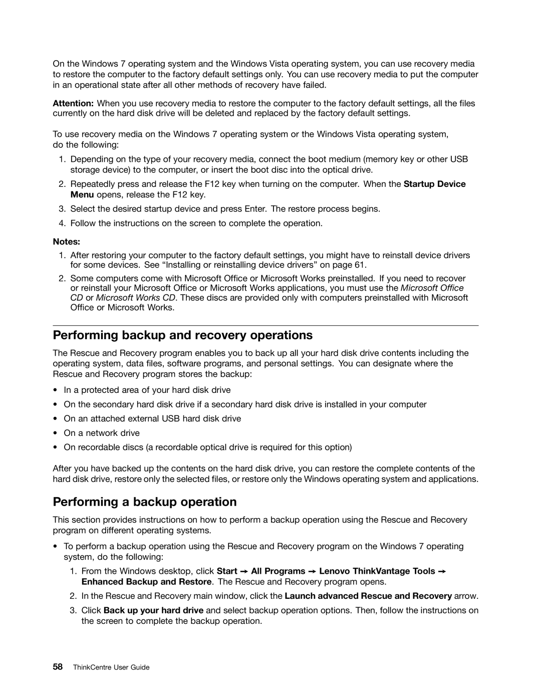 Lenovo 3429, 3091, 3265, 4285, 870, 852, 800, 5205, 5248 Performing backup and recovery operations, Performing a backup operation 