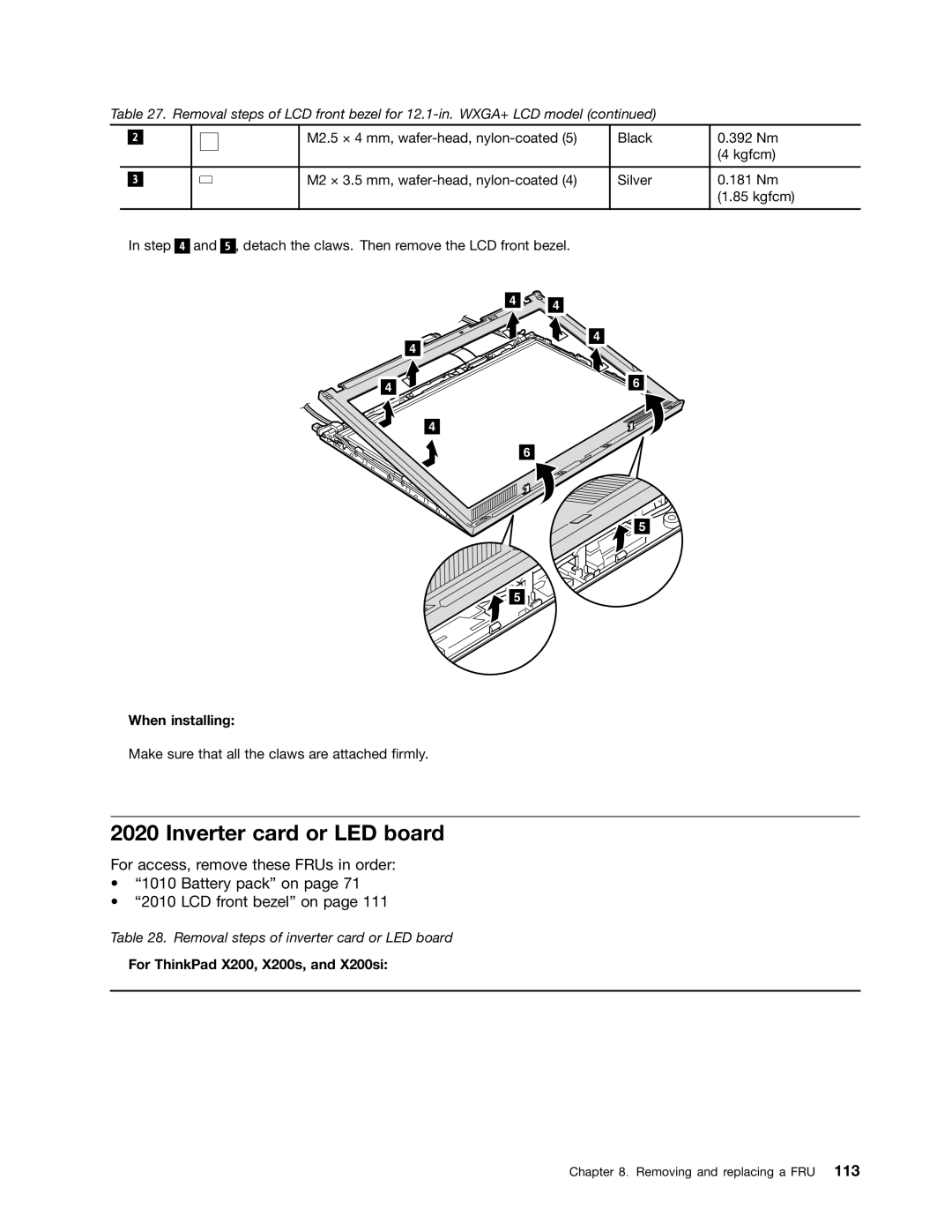 Lenovo 3093AC6 manual Inverter card or LED board, For ThinkPad X200, X200s, and X200si 