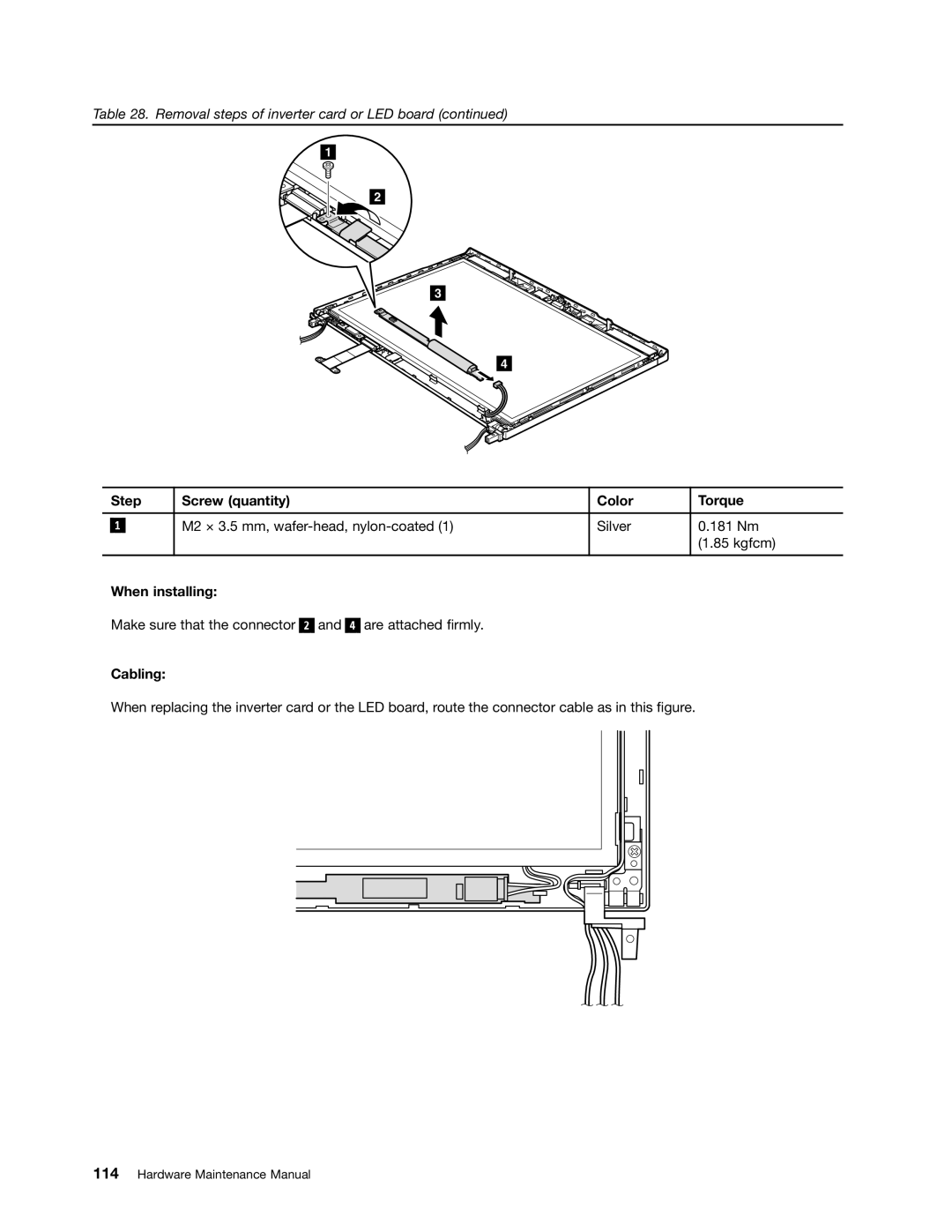 Lenovo 3093AC6 manual Step Screw quantity Color Torque, Cabling 