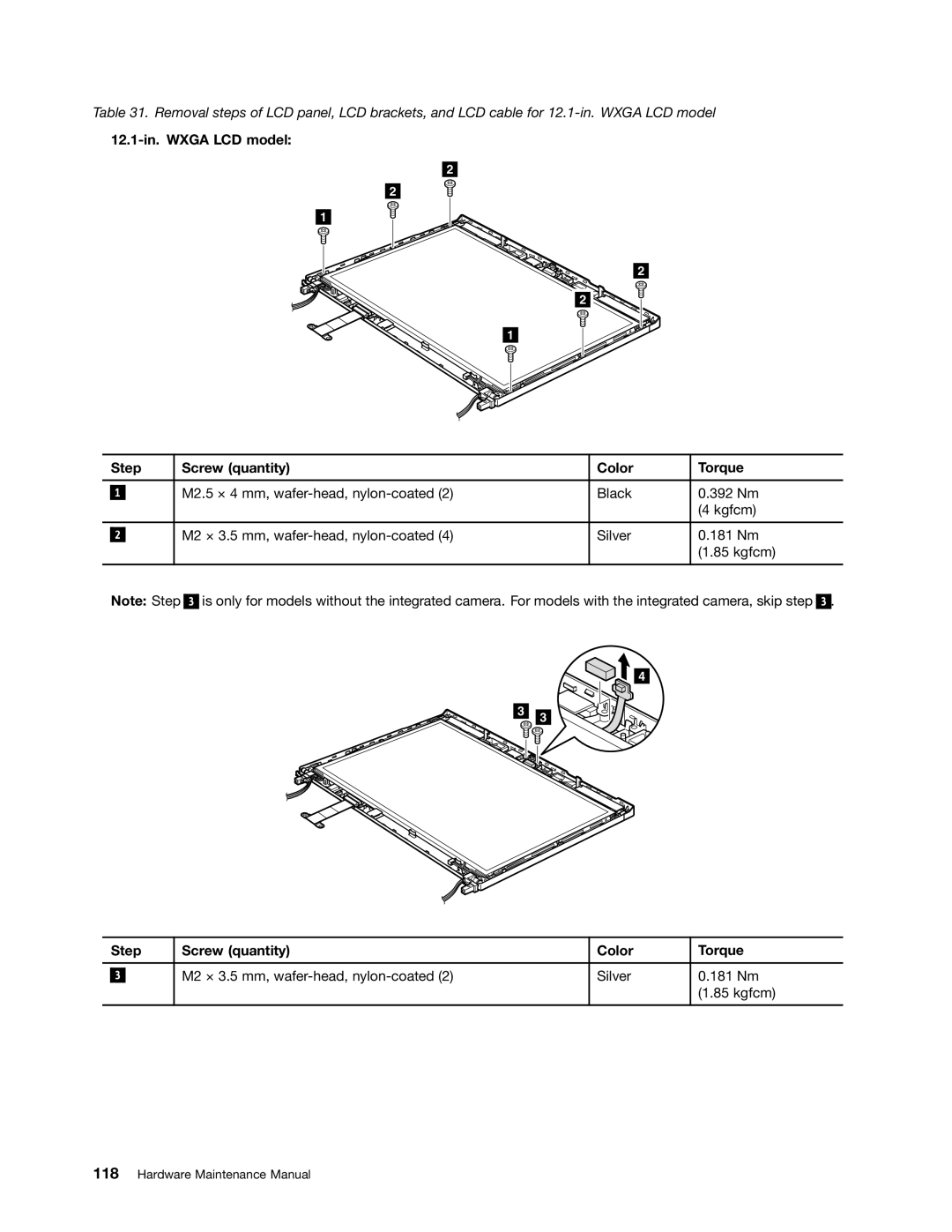 Lenovo 3093AC6 manual 12.1-in. Wxga LCD model Step Screw quantity Color Torque 