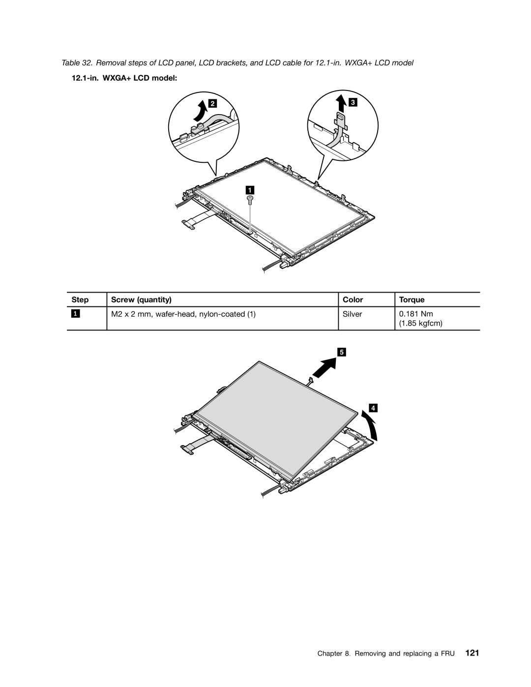 Lenovo 3093AC6 manual 12.1-in. WXGA+ LCD model Step Screw quantity Color Torque 