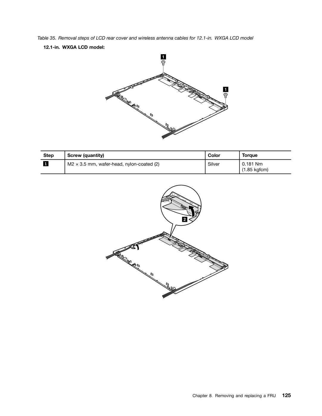 Lenovo 3093AC6 manual 12.1-in. Wxga LCD model Step Screw quantity Color Torque 