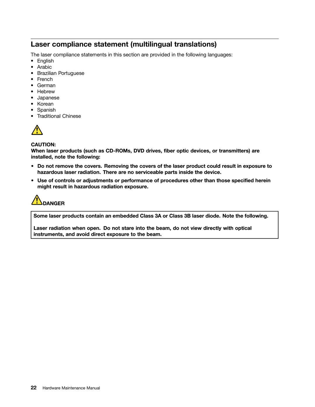 Lenovo 3093AC6 manual Laser compliance statement multilingual translations 