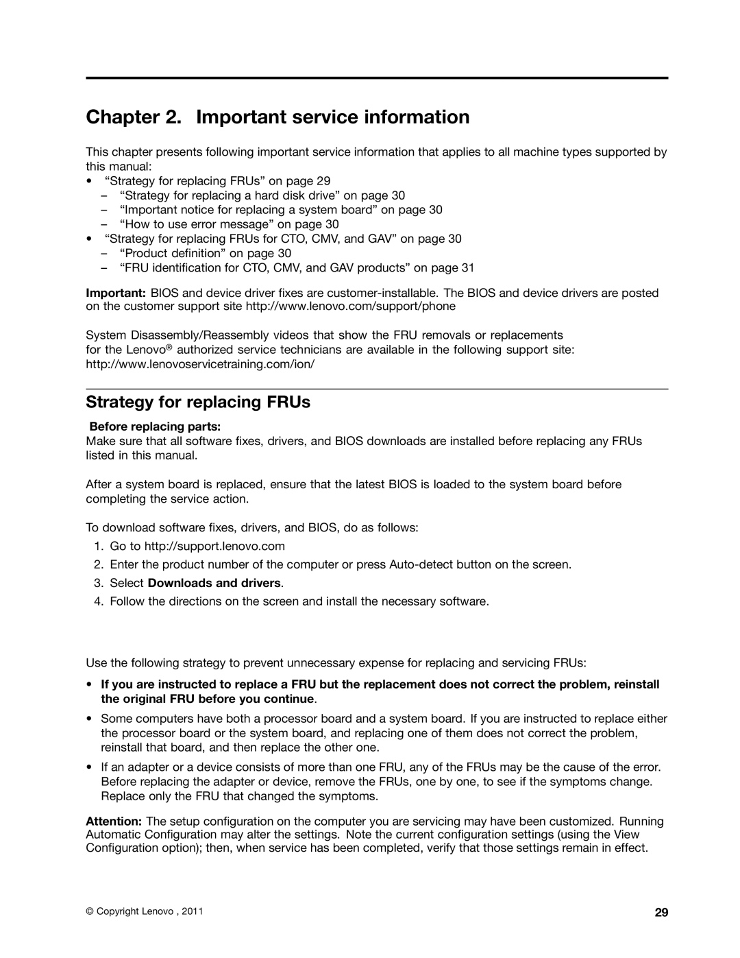 Lenovo 3093AC6 manual Important service information, Strategy for replacing FRUs 