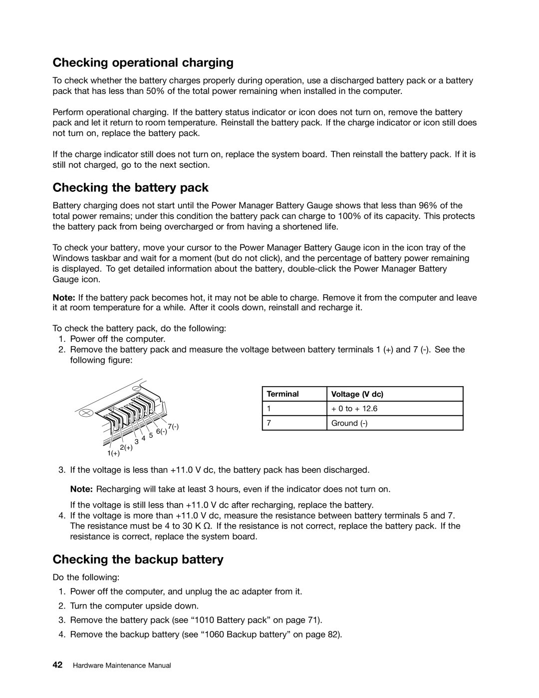 Lenovo 3093AC6 manual Checking operational charging, Checking the battery pack, Checking the backup battery 